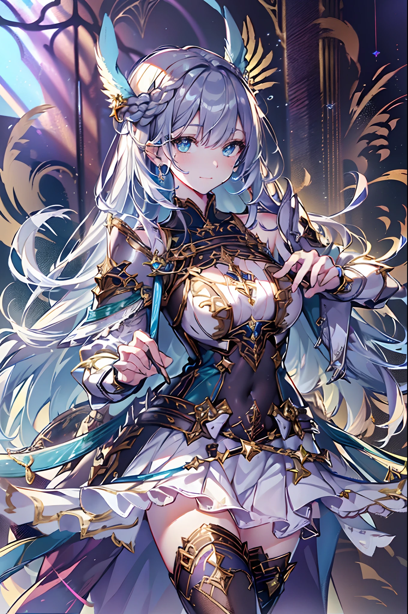 (Official art、Best Quality、Unity 8k Wallpapers、32K、masterpiece、ultra-detailliert、超A high resolution、The best illustrations、Very ridiculous:1.2)、(Cinematic lighting:1.2)、Fireglow effect、film grains、Best Shadows、Rim lighting、side lights、(Ultra-detailed and complex 3D rendering)、Detailed beautiful face and eyes、Sharp pupils、Realistic pupils、A slender、1Man Woman、Medium bust、(Full body:1.2)、 beauitful face、16-year-old beautiful girl、(super detailed skin、detailed skin textures:1.3)、(silver blond、Blue-silver hair:1.3)、Paladin、Longhaire、Blunt bangs、Green eyes、3 braids in 1 bunch、(Blue Armor、Blue Boots、Blue helmet、Jeweled、Gold embroidery)、A slender、a miniskirt、(thighs thighs thighs thighs:0.8)、(chies、in a house、Artistic stained glass、Large pipe organ、Hello Point、Mystical、a lot of feathers float、angelicales、Particles of light、solemnity、Sunlight is、colourfull、Fantastical:1.2)、(Fantastical:1.3)、(Holding the Holy Sword:1.0)、Fantastical、Smiling smile