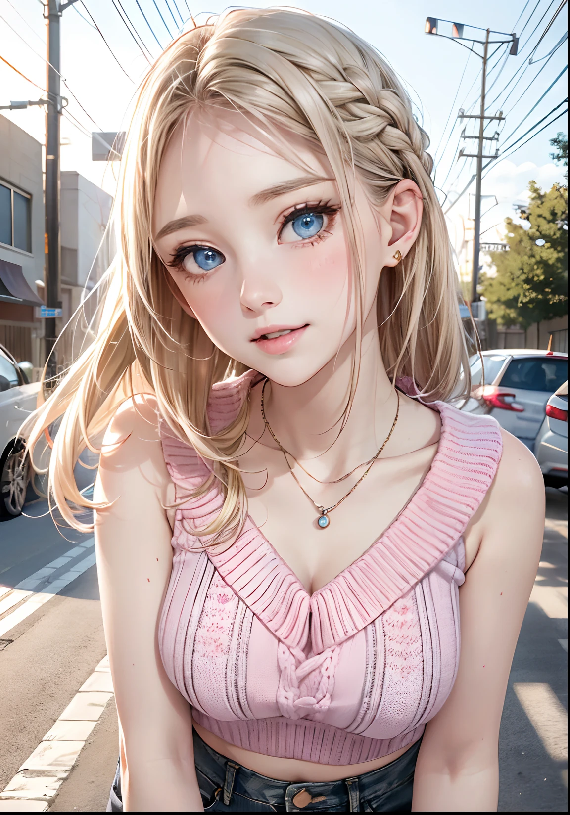 absurderes, ultra-detailliert,bright colour,(At 8K:1.3),masuter piece,extremely beautiful detailed face and eyes,8K,(Deep Blue Eyes:1.2),(Loose Size Pink Argyle Knit:1.4),(Short denim:1.2),Cute smile、Synchrosis Necklace、Stylish bracelets,Inside the boutique,(Full body:1.2) X-Hair,Aurora、city light、constellation、Crescent,intergalactic,lamp post, Particles of light, milkyway, natta, nigh sky, outside of house, planetes, Power lines, shooting stars, Skysky, Skyscraper, 独奏、Stargazing,Star_\(skyporn\)、starrysky、Winters、(Smooth straight blonde hair:1.3), (Shiny hair:1.2), Delicate beautiful face, red blush、