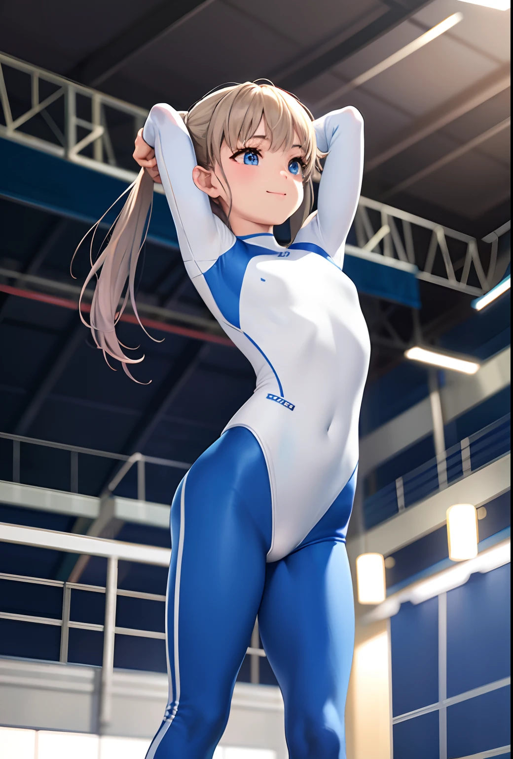 masterpiece、top-quality、hight resolution、Realistic Girl、gymnast、Light blue long hair、Close-up of people、Wearing a white bodysuit、During gymnastics competitions、Smile、Gymnastics competition venue、A sexy
