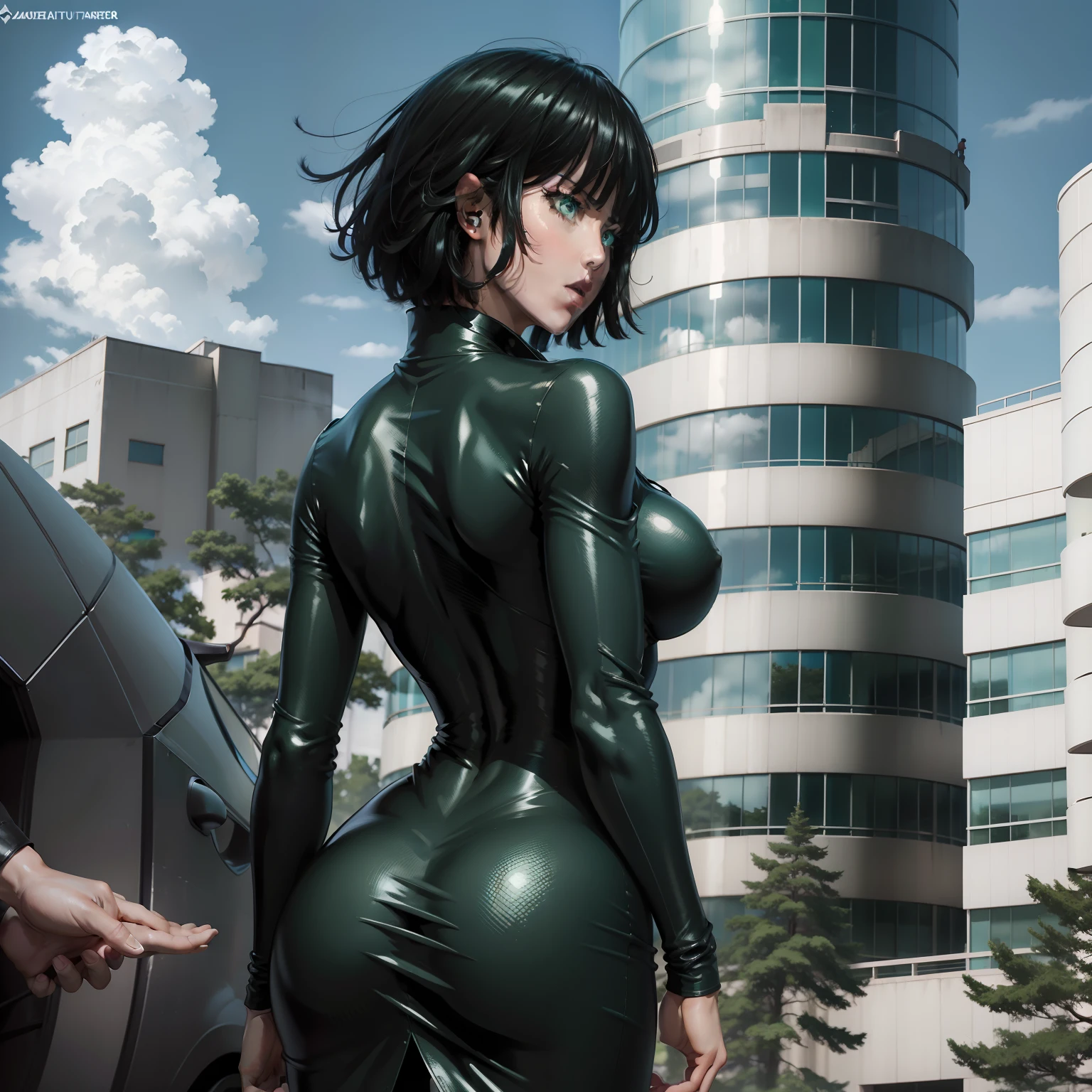 Fubuki in one punch man. Sexy. Green. Storm. Flying. Blue sky. Building, butt facing camera, back view, tight dress