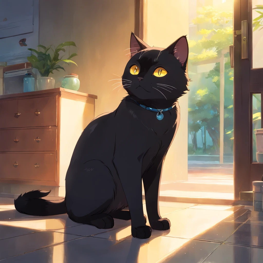Black Siamese cat、Yellow eyes、Lick the paws、afternoon sunlight、bell