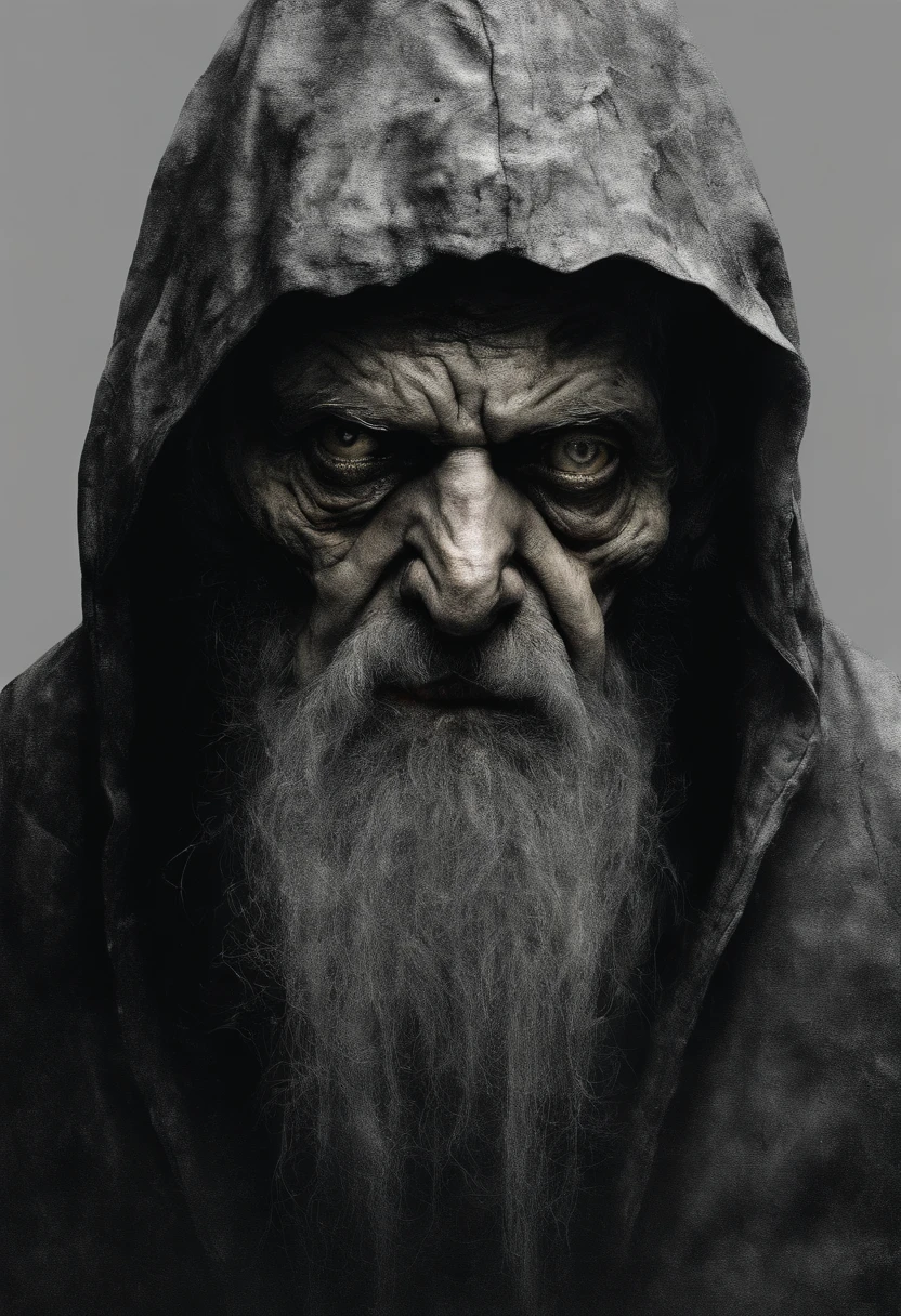 very old man, looks like a homeless person, Half of his face flayed, Angry look, cheveux gris long, Pale and wrinkled skin, pupilles jaunes, Stooped posture, Taille vers le haut, penetrating gaze, Long manteau noir, ripped clothing, manteau de plumes de corbeau sur le dos, Left side of body covered with bands and a hood, dent, station-service sombre, horreur, Peur, Effrayant, suspense, Mysterious
