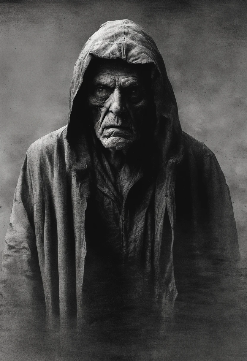 very old man, looks like a homeless person, Half of his face flayed, Angry look, cheveux gris long, Pale and wrinkled skin, pupilles jaunes, Stooped posture, Taille vers le haut, penetrating gaze, Long manteau noir, ripped clothing, manteau de plumes de corbeau sur le dos, Left side of body covered with bands and a hood, dent, station-service sombre, horreur, Peur, Effrayant, suspense, Mysterious