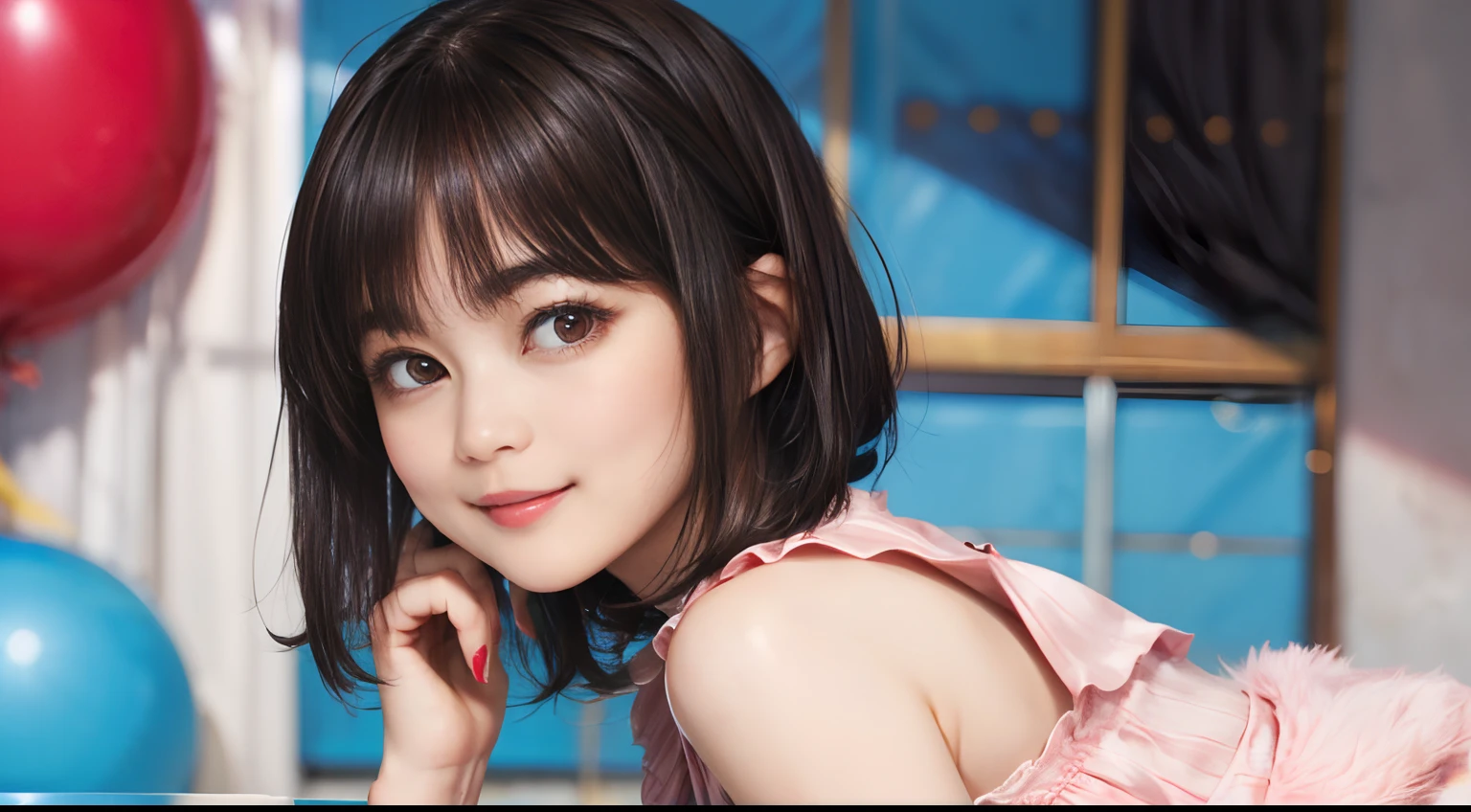 66
(a 20 yo woman,is standing), (A hyper-realistic), (masutepiece), ((A dark-haired、short-hair:1.3)), (Silky hair), (Breast:0.5), (kindly smile:0.7), lipsticks