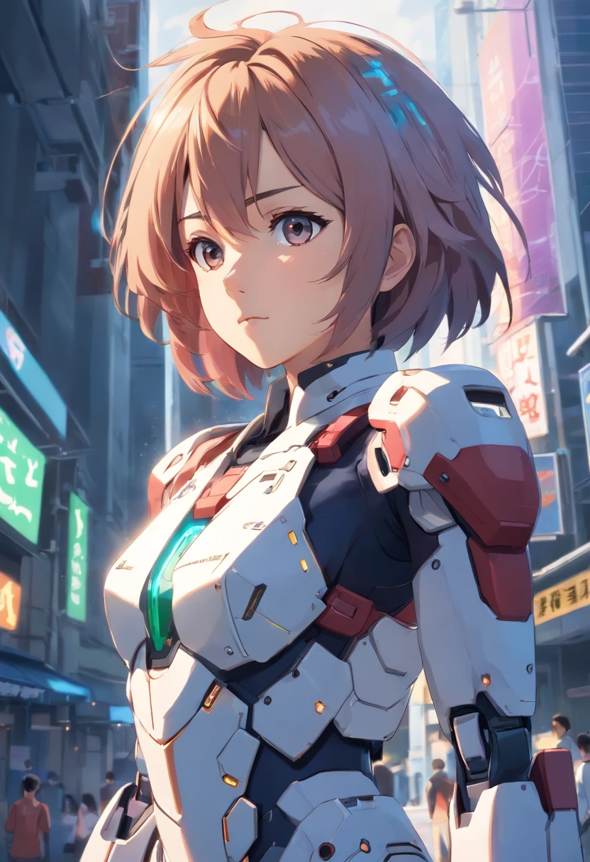 Masterpiece, Best quality, Ultra photo realsisim, Ultra-detailed, RAW photo, Sharp focus, (1girll), Solo, Gorgeous face, Perfect body, Mature female, 25 age old, Portrait, Mecha, White armor, crNanosuit, Sexy, Messy hair, Cinematic, Cinematic light, Dark theme