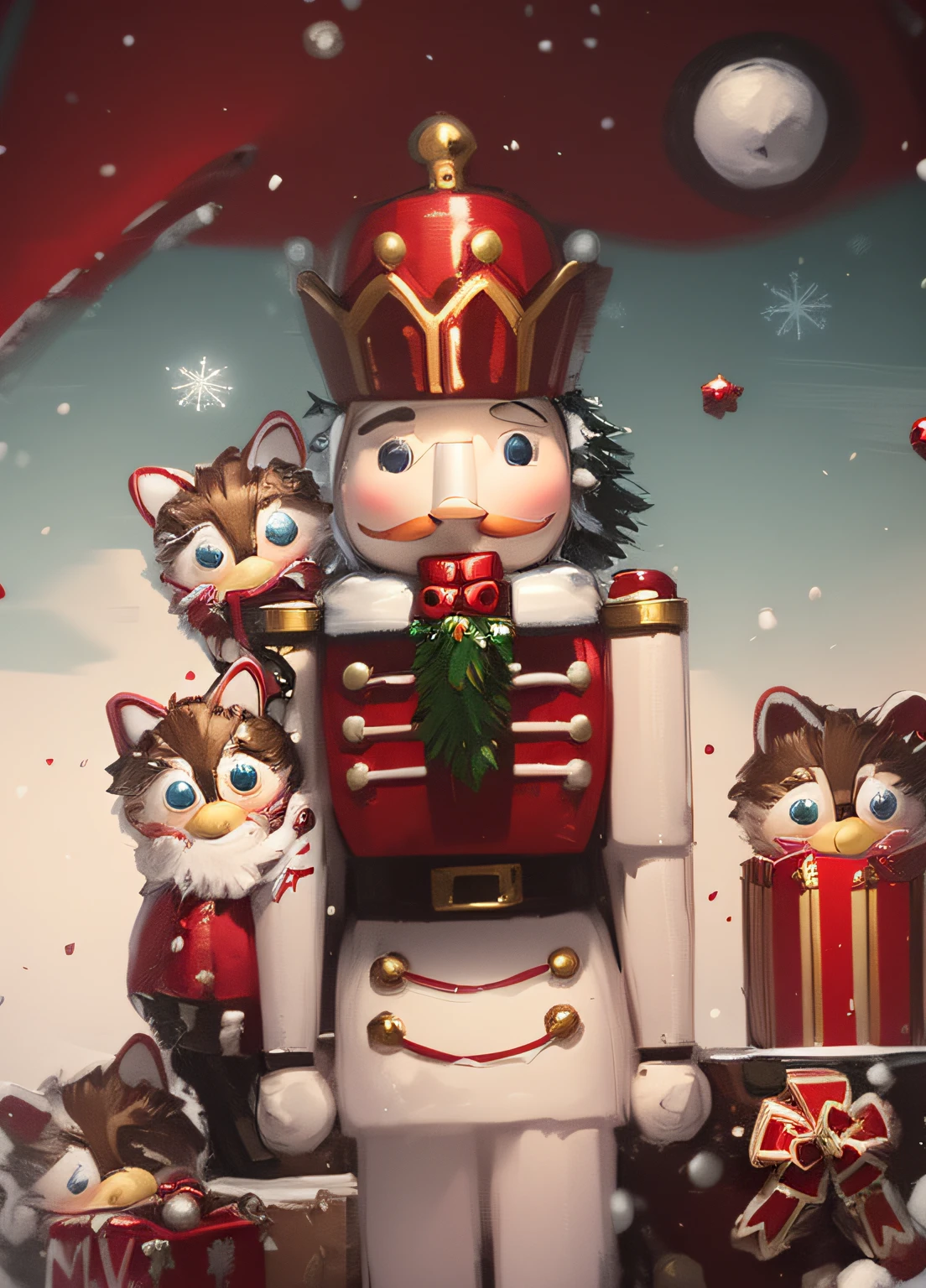 nutcracker, christmas background, snow, christmas tree, christmas gifts,