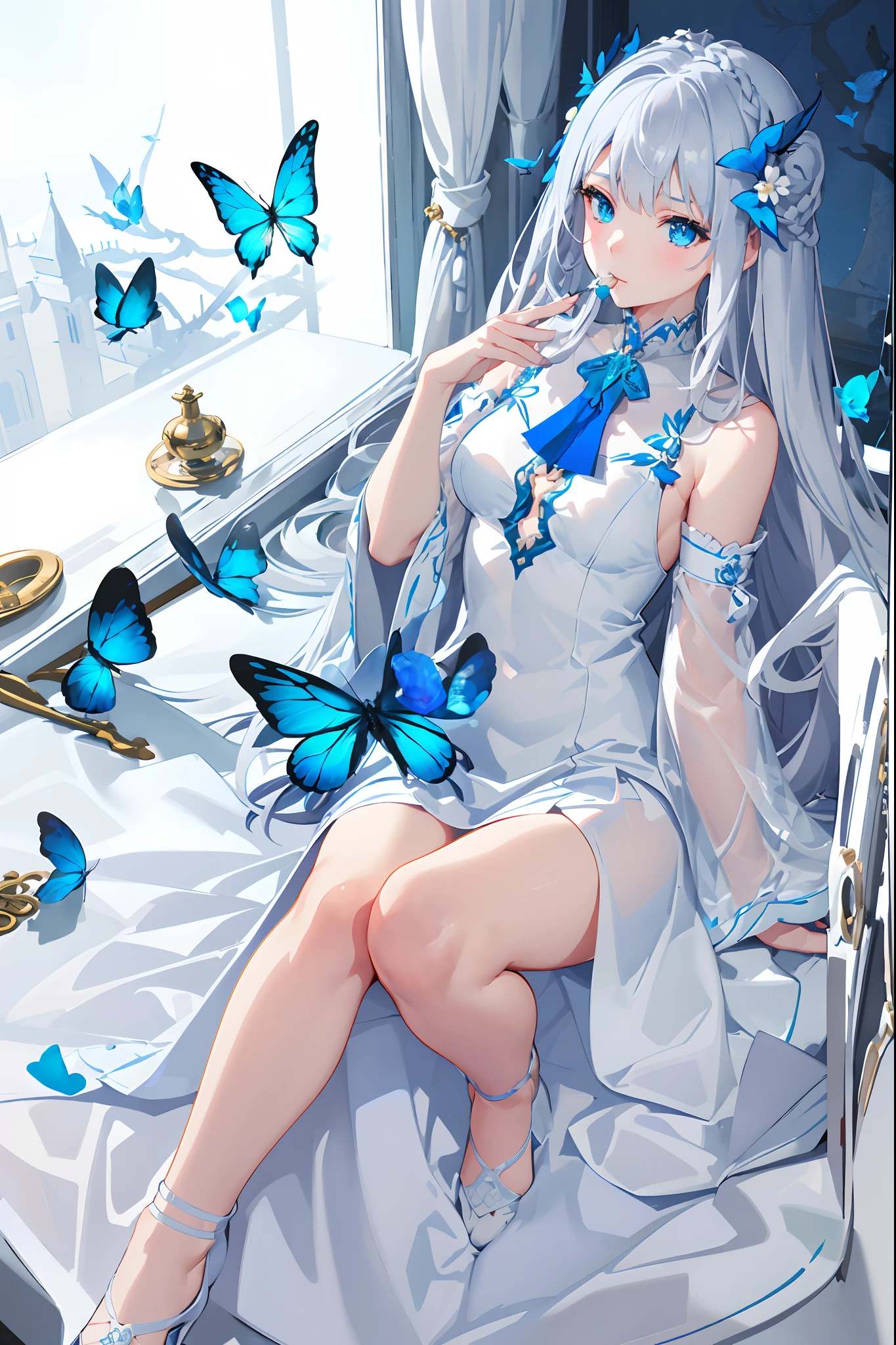 (Overhead Views),Dynamic Angle,Ultra Detail, Illustration, Close Up, Straight, One Girl, (Fantasy:1.4), (Azure Eyes:1.233),Her Eyes Glowed Like Dreamy Stars,(Glowing Eyes:1.233),(Beautiful and Delicate Eyes:1.1),(Silver Hair:1.14),(Unkempt Hair,Very Long Hair,Braids,Between Eyes,Side Locks), (+ (Bull Hair Flower: 1.14)),(Chiffon Dress,Blue Floral Pattern on Uniform)/=(Military Uniform: 1.24),(Sleeveless,Wide Sleeve),(Fingerless Gloves),Choker,(Priestess Niso),High Heels,(Expressionless,Mouth Closed),(Stingling),(Classic Princess Boudoir with Dressing Table and French Window in White Ancient Palace),(White Flower,Flower),(Deep Sea),(Flowing Water),(Dull Blue World Tree:1.14), (Ruins),(Night:1.2 ),Dreamy,Soul,(Fluorescence),(Translucent Blue Butterfly Fly:1.15),[[Delicate Fingers and Hands:0.55]::0.85],(Fine Fingers),(Yubao:0.5),
