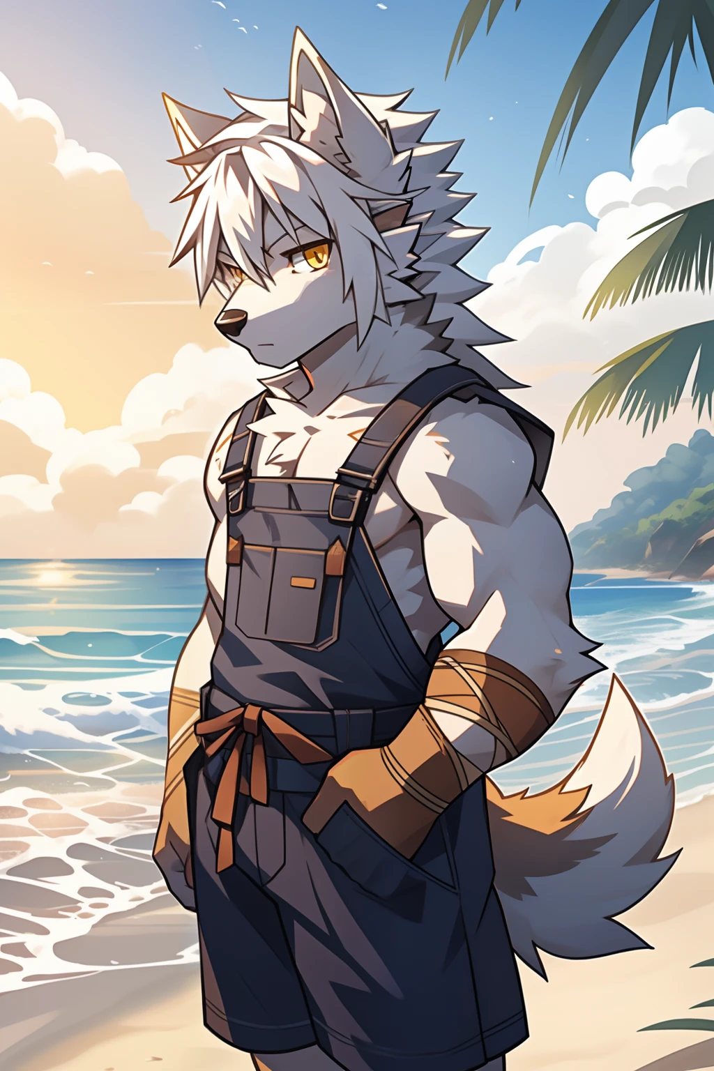 solo person,White body,White ears,White hair,Overall white,Orange-yellow eyes,Wolf tail,Wolf orcs,Young,Ultra-clear screen,Soft lines,Beach side