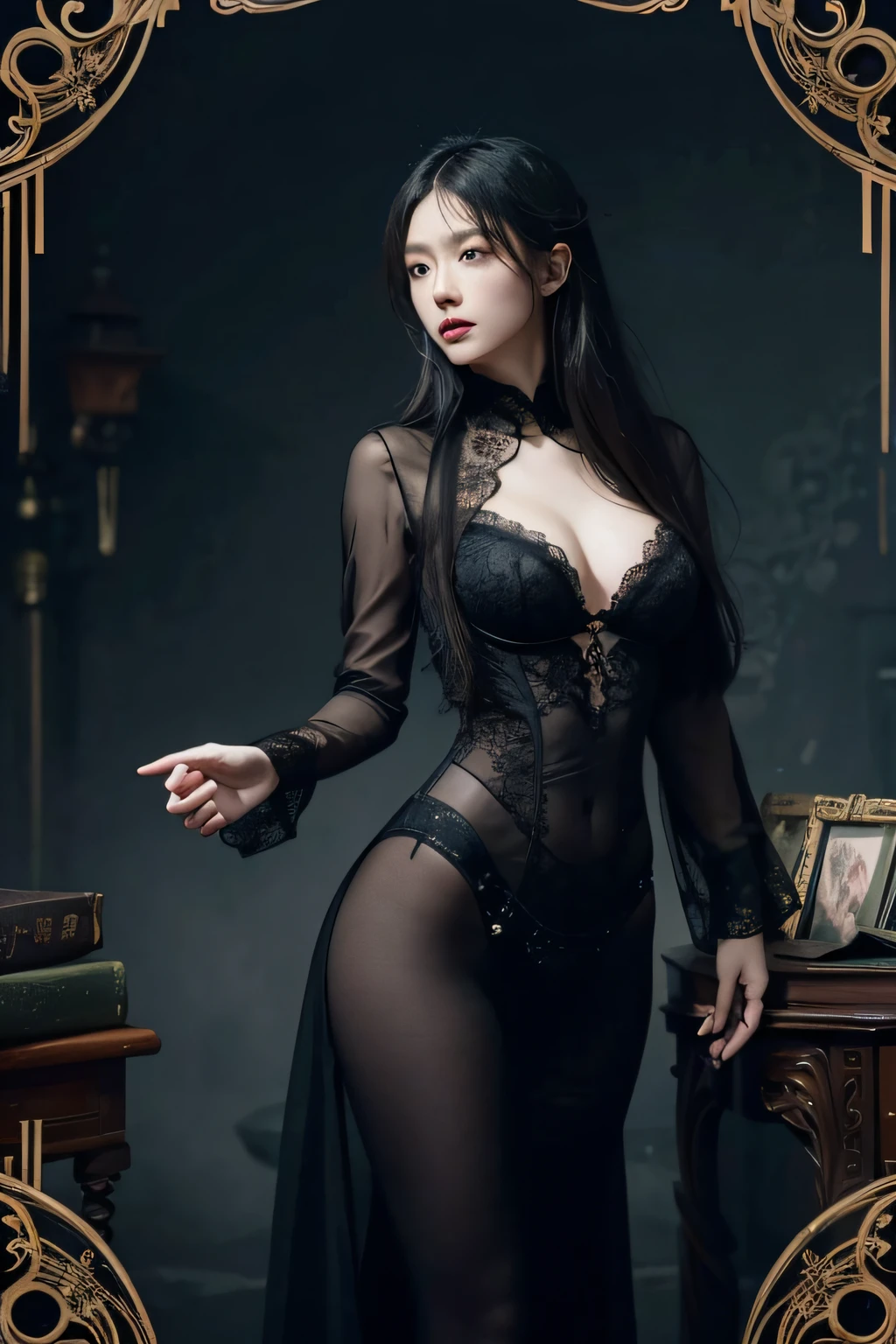 Official art, Unity 8k壁纸, Ultra-detailed, Beautiful, Colossal tits, masutepiece, Best Quality, Dark, Atmospheric, Mystical, romantic, creepy, literary, Art Book, Fashion, Victorian, decoration, Convoluted, Ironwork, Lace, contemplation, emotional depth, Supernatural, One Woman, Solo, hip