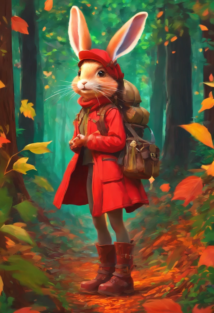 a 3D render (Photograph of an adventurous bunny sister standing on an autumn foliage trail), anthropomorphic turtle,full bodyesbian,rear view,Side view,hairy, Clear and beautiful face, Big green bright eyes, Binoculars hanging from her chest, Sister Bunny is wearing a green fashion adventure outfit, Red hiking boots on his feet, , cute ears, Red and green camping hats, fashionable sunglasses, Carry a green shoulder bag with you, trowels, camping equipment, A compass associated with many adventure tools, Curious to explore expressions, Cartoon, 4D, Fox,Cartoony, Background: Autumn Leaf Forest Trail Red Forest, autumn forest, red illuminating fog, In a red dream, really beautiful forest, Beautiful forest, Beautiful hazy wood, Red shade spray, Breathable and beautiful trees, breath-taking beautiful trees, red fog, beautiful forests and trees, Bright but dark red, red trees,concept art of character,Photography,Clear facial features,A beautiful painting by Alphonse Mucha,Pixar style,Cartoon style,beatrix potter (beatrix potter) 's illustration,Guyan artwork,Masterpiece,Matte painting,dreamlike realism,magic realism,Dreamlike,author:Owen Blumenfeld,petra collins,author:natalia drepina,Dreamy atmosphere,Whimsical atmosphere,Ethereal atmosphere,Romantic atmosphere,illusory engine,Quixel Megascans Render,v-ray,UE5,High detail,hyper qualit,high resolution,trending on artstationh,8K16K,hyper photorealism,Depth of field (degrees of freedom),cinema shot,Beautiful lighting, --AR 9:16 --style raw --uplight