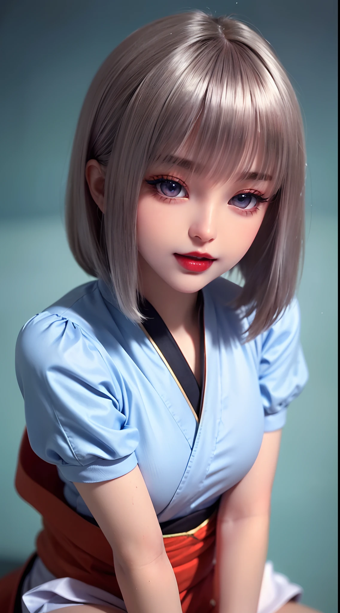 A beautiful girl with an extremely pretty loli face, Wear a classic style shirt, hanfu style, short neck-length platinum hair, the very shy girl looks so lovely, her face was small and flawless, Her cheeks were red from embarrassment, big round sparkling eyes, black pupils, light silver blue eyes, long eyelashes with wet makeup, cute little lips, perfect body, big and super round breasts, arms clasped behind her,long, smooth, white bare legs, ((frontal portrait:1.5)),