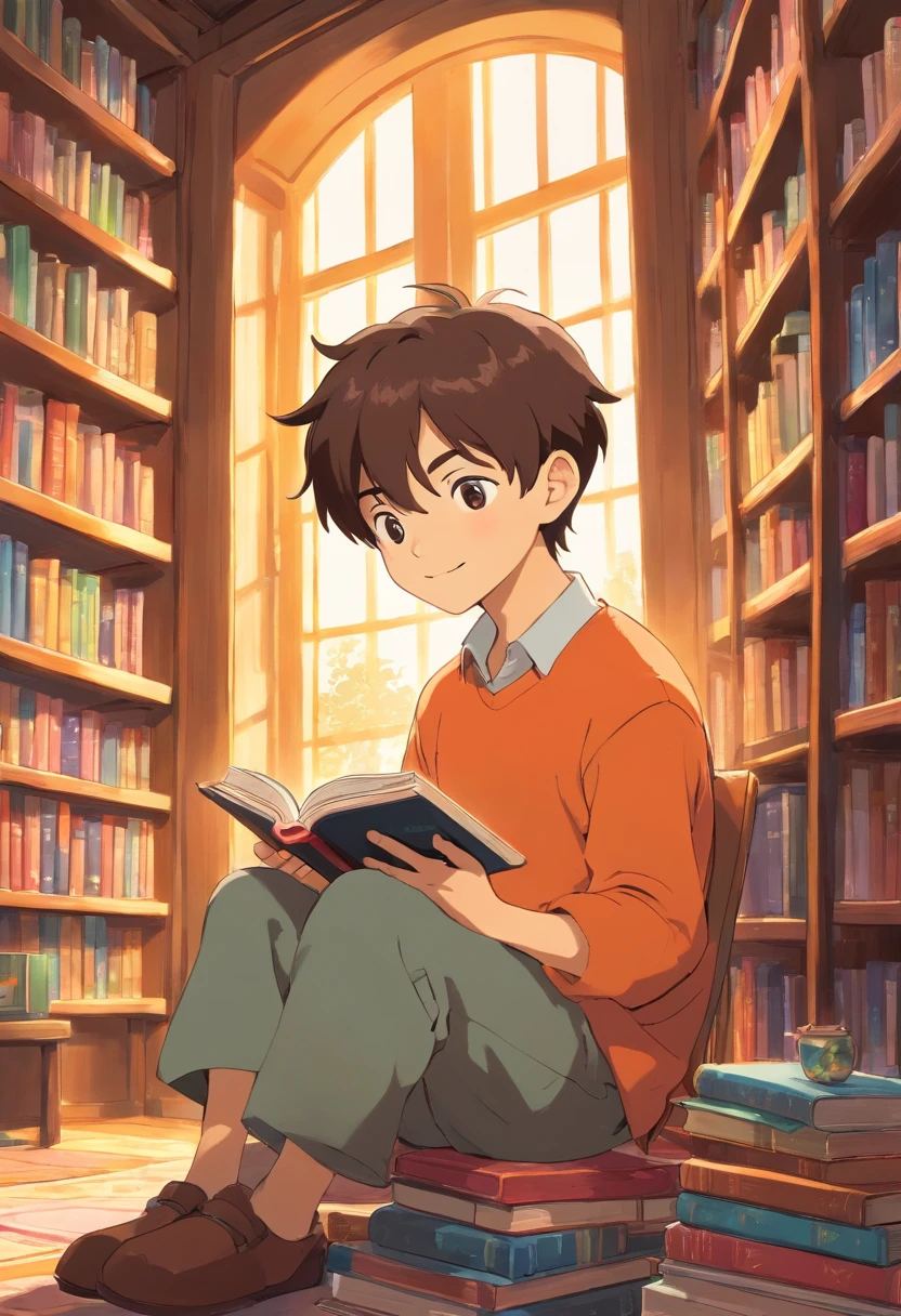 Best picture quality,high definition detail,A boy sits in front of a bookshelf reading a book,Around 20 years old,Bright smile,bright sun,Flat style,Bright colors