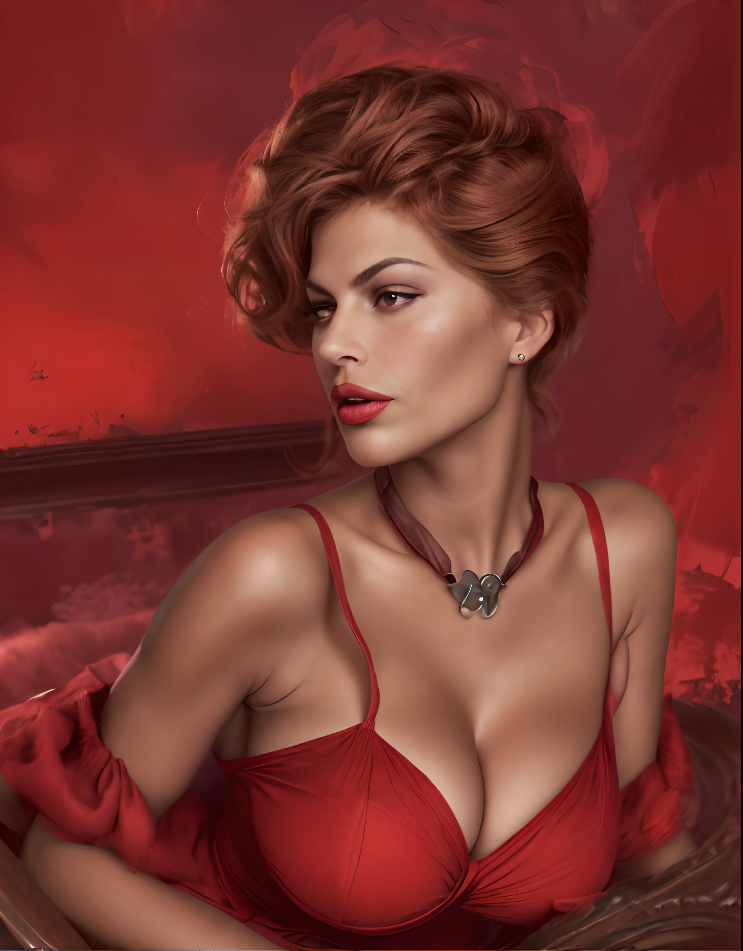 Realistisches Farbiges Portraitfoto einer Frau (Eva Mendes:0.8) in einem roten Kleid, rotes detailliertes Kleid mit tiefem Ausschnitt, Woman with beautifully shaped big breasts, Woman with seductive gaze, Frau mit vollen roten Lippen