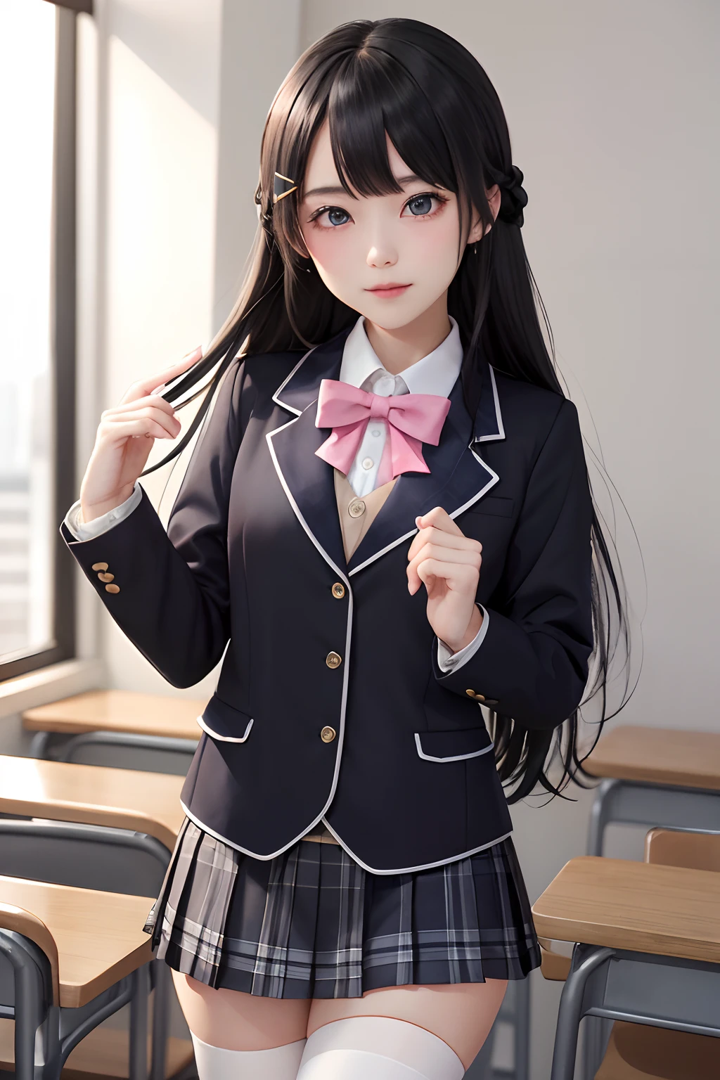 tsukino mito, long hair, virtual youtuber, skirt, thighhighs, black hair, jacket, bow, blazer, black jacket, hairclip, hair ornament, white thighhighs, bangs, braid, pleated skirt, pink bow, school uniform, bowtie, very long hair, long sleeves, shirt, collared shirt, white shirt, blue eyes, pink bowtie, plaid skirt, plaid, black skirt, miniskirt, standing,