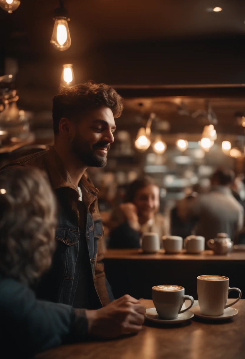 Coffee shop, people drinking coffee, happy people and angry people, best quality, 8k, 4K, cinematic image, best image