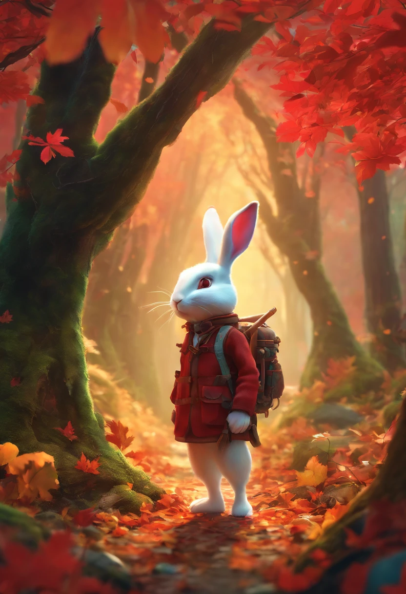 a 3D render (Photo of an adventurous white rabbit sister standing on the autumn leaves trail), anthropomorphic turtle，full bodyesbian，Rear view，Side view，hairy, Clear and beautiful face, Big green bright eyes, Binoculars hanging from her chest, Sister Rabbit wears a green fashion adventure outfit, Red hiking boots on his feet, , cute ears, Red and green camping hats, fashionable sunglasses, Carry a green shoulder bag with you, trowels, camping equipment, A compass associated with many adventure tools, Curious to explore expressions, Cartoon, 4D, Fox,Cartoony， Background: Autumn Leaf Forest Trail Red Forest, autumn forest, red illuminating fog, In a red dream, really beautiful forest, Beautiful forest, Beautiful hazy wood, Red shade spray, Breathable and beautiful trees, breath-taking beautiful trees, red fog, beautiful forests and trees, Bright but dark red, red trees,concept art of character,Photography,Clear facial features,A beautiful painting by Alphonse Mucha,Pixar style,Cartoon style,beatrix potter （beatrix potter） 's illustration,Furuhiko artwork,Masterpiece,Matte painting,dreamlike realism,magic realism,Dreamlike,author：Owen Blumenfeld,petra collins,author：natalia drepina,Dreamy atmosphere,Whimsical atmosphere,Ethereal atmosphere,Romantic atmosphere,illusory engine,Quixel Megascans Render,v-ray,UE5,High detail,hyper qualit,high resolution,trending on artstationh,8K16K,hyper photorealism,Faraway view， (degrees of freedom),cinema shot,Beautiful lighting, --AR 9:16 --style raw --uplight