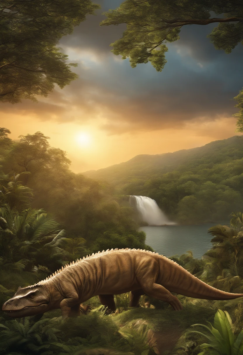 (Best quality,4K,A high resolution,Masterpiece:1.2),Ultra-detailed,(Realistic,Photorealistic,photo-realistic:1.37),Many kinds of prehistoric creatures,Beautiful natural landscape,Forest in the distance,A wide variety of trees,Lively sky, A thriving forest,Endless ocean, tyrannosarus rex,tyrannosarus rex+Other small animals,glowworm,Warm color tones