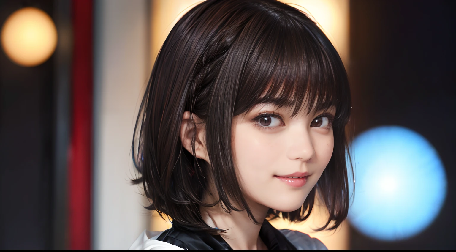 66
(a 20 yo woman,is standing), (A hyper-realistic), (masutepiece), ((A dark-haired、short-hair:1.3)), (Silky hair), (Breast:0.5), (kindly smile:0.7), lipsticks