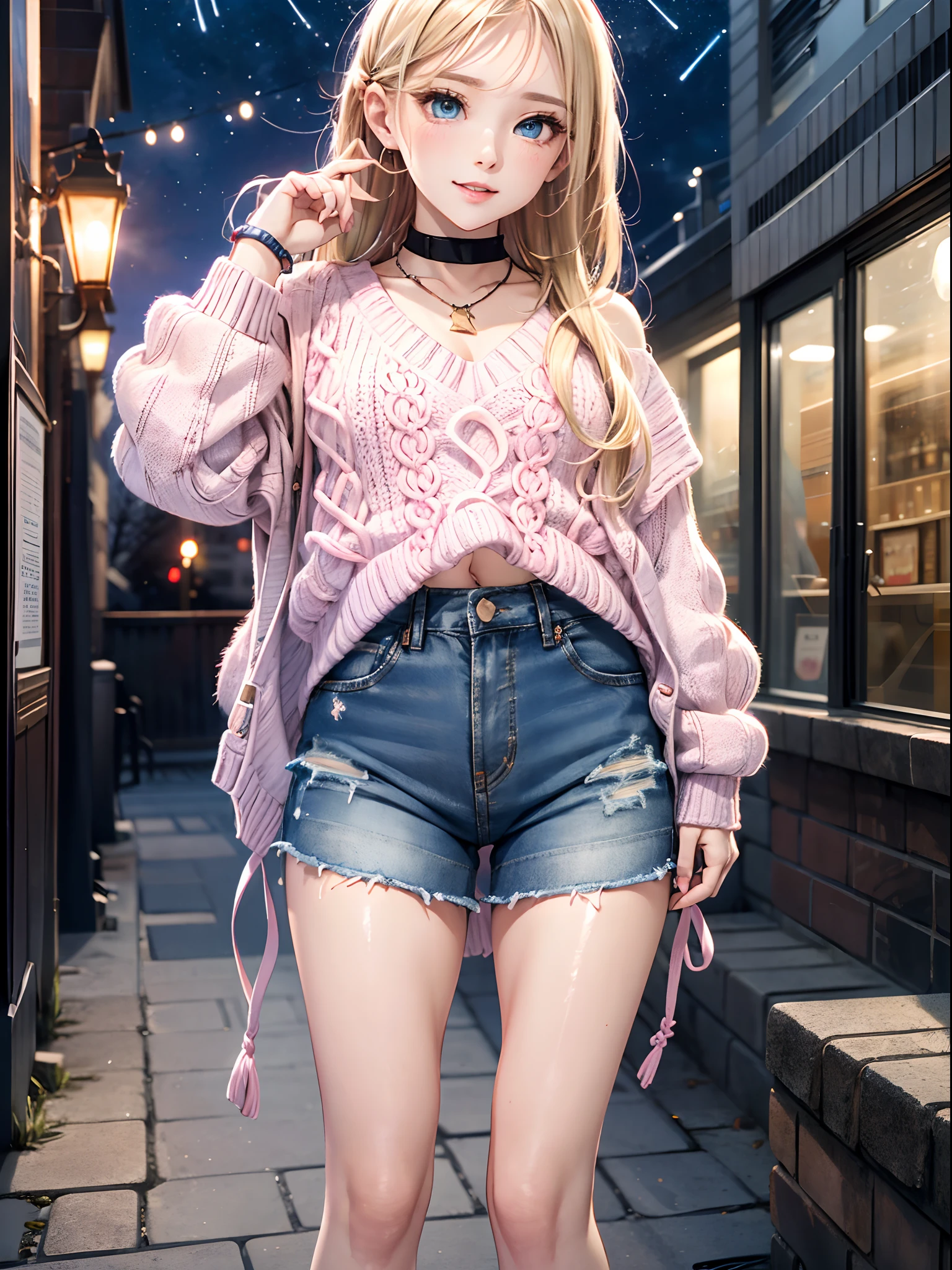 absurderes, ultra-detailliert,bright colour,(At 8K:1.3),masuter piece,extremely beautiful detailed face and eyes,8K,(Deep Blue Eyes:1.2),(Loose Size Pink Argyle Knit:1.4),(Short denim:1.2),Cute smile、Synchrosis Necklace、Stylish bracelets,Inside the boutique,(Full body:1.2) X-Hair,Aurora、city light、constellation、Crescent,intergalactic,lamp post, Particles of light, milkyway, natta, nigh sky, electric wires, shooting stars, Skysky, Skyscraper, 独奏、Stargazing,Star_\(skyporn\)、starrysky、Winters、(Smooth straight blonde hair:1.3), (Shiny hair:1.2), Delicate beautiful face, red blush、