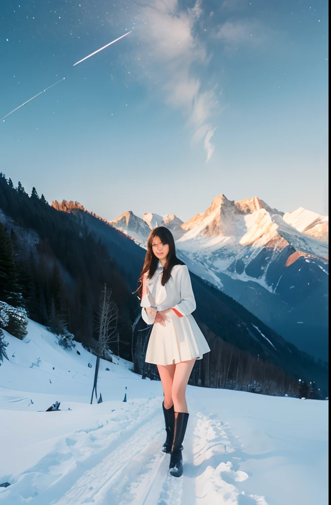 photorealestic,a asian beauty,Beautuful Women,photography of,best qualtiy,tmasterpiece,超高分辨率,(真实感:1.4),RAW photogr,long whitr hair,Full body photo,stocklings,half skirt,Bare-legged artifact,alps,snow mountains,chilly,Pine forest,standing on your feet,liberta,Dashing,long leges,Shunguang,Goose egg face,largeeyes,long eyelasher,Exquisite(live-action realistic style),Star-like eyes,Ultimate face,Photorealistic light and shadow,Clear facial features,Milky white skin,Fair skin, Realistic skin details, Visible Pore,(Super detail),((Dynamic background((volumettic light:1.3)),