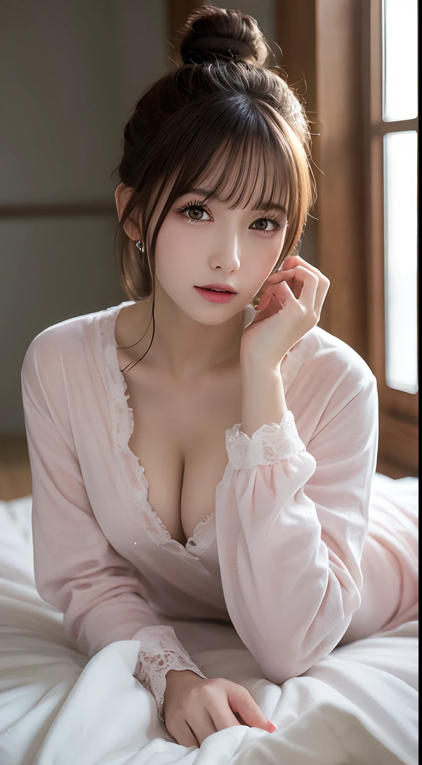 masutepiece, Best Quality, Illustration, Ultra-detailed, finely detail, hight resolution, 8K Wallpaper, Perfect dynamic composition, Beautiful detailed eyes, Natural Lip, Cute Pajamas, Small breasts, Full body, Random sexy poses,Bun hair