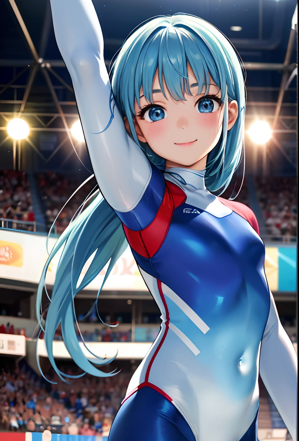 ​masterpiece、top-quality、hight resolution、Realistic Girl、gymnast、Light blue long hair、adorable smiling、Close-up of people、Wearing a glowing white bodysuit、During gymnastics competitions、Smile、Gymnastics competition venue、A sexy