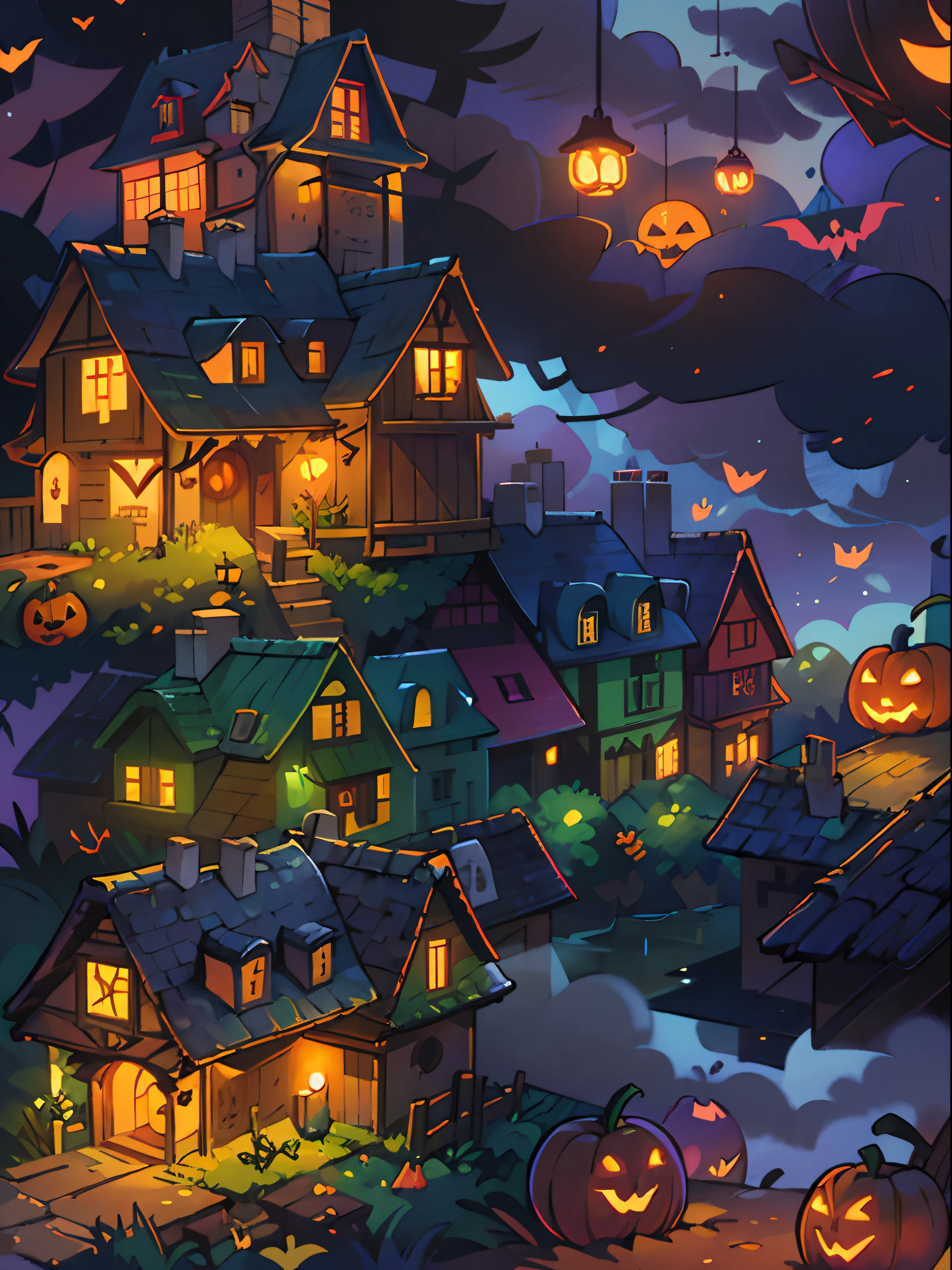 Halloween Floating Lights, Cinematic light and reflection, glowing lights, houses halloween themes,Digital Painting, Glowing reflections, pumpkin Halloween Jack-o'-lantern, calm night, Digital Illustration, Beautiful atmosphere, Skylight at night, Calm evening atmosphere, Jack-o'-lantern, Halloween, the night, Halloween, Surrounded by clouds, gorgeous colors, There are three arches in the foreground((color ink)), ( (Splash ink ) ), ((Splash ink) inky})), tmasterpiece, high quarity, Beautiful graphics, high detal, Magnificent, (contest winner art)