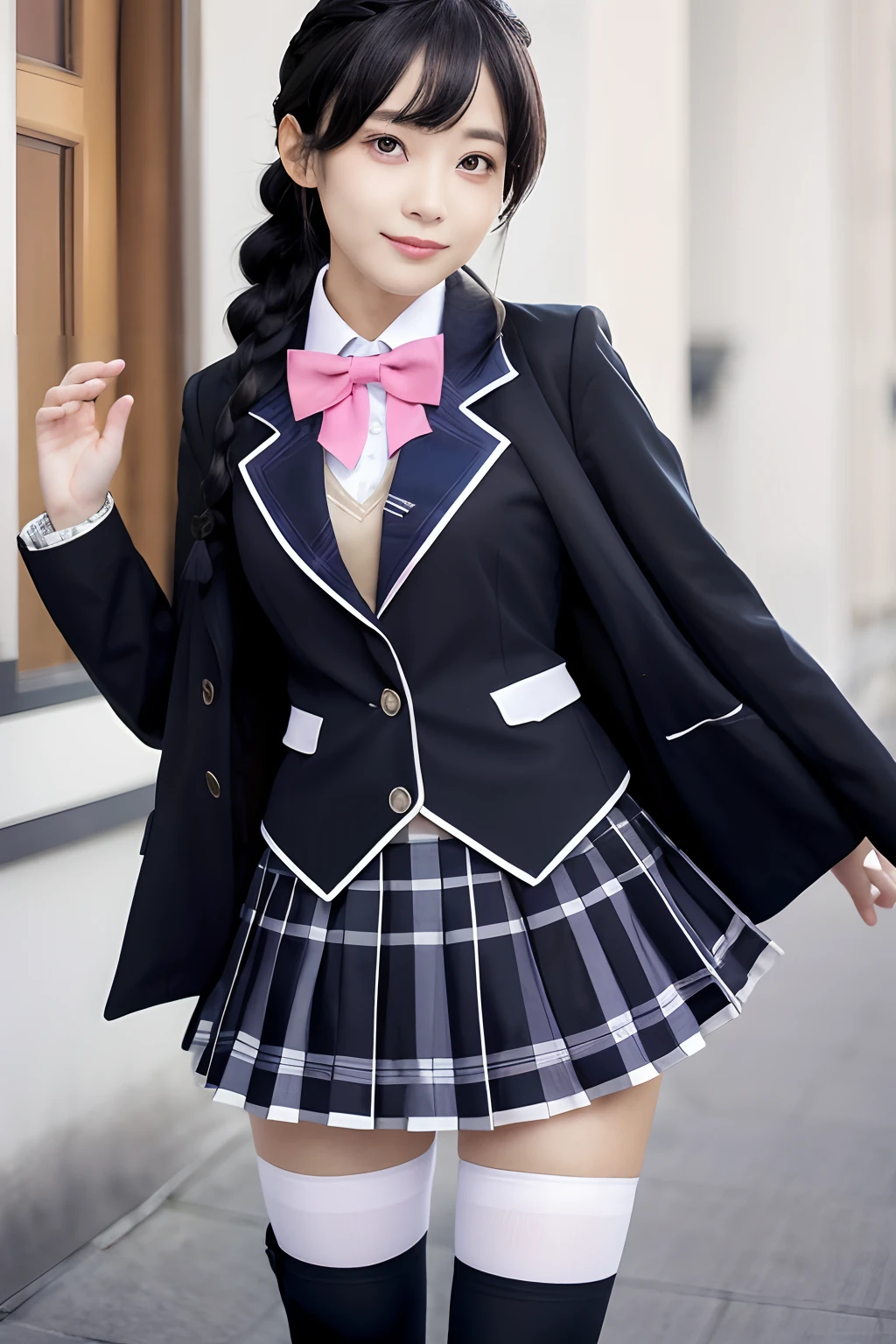 tsukino mito, long hair, virtual youtuber, skirt, thighhighs, black hair, jacket, bow, blazer, black jacket, hairclip, hair ornament, white thighhighs, bangs, braid, pleated skirt, pink bow, school uniform, bowtie, very long hair, long sleeves, shirt, collared shirt, white shirt, blue eyes, pink bowtie, plaid skirt, plaid, black skirt, miniskirt, standing,