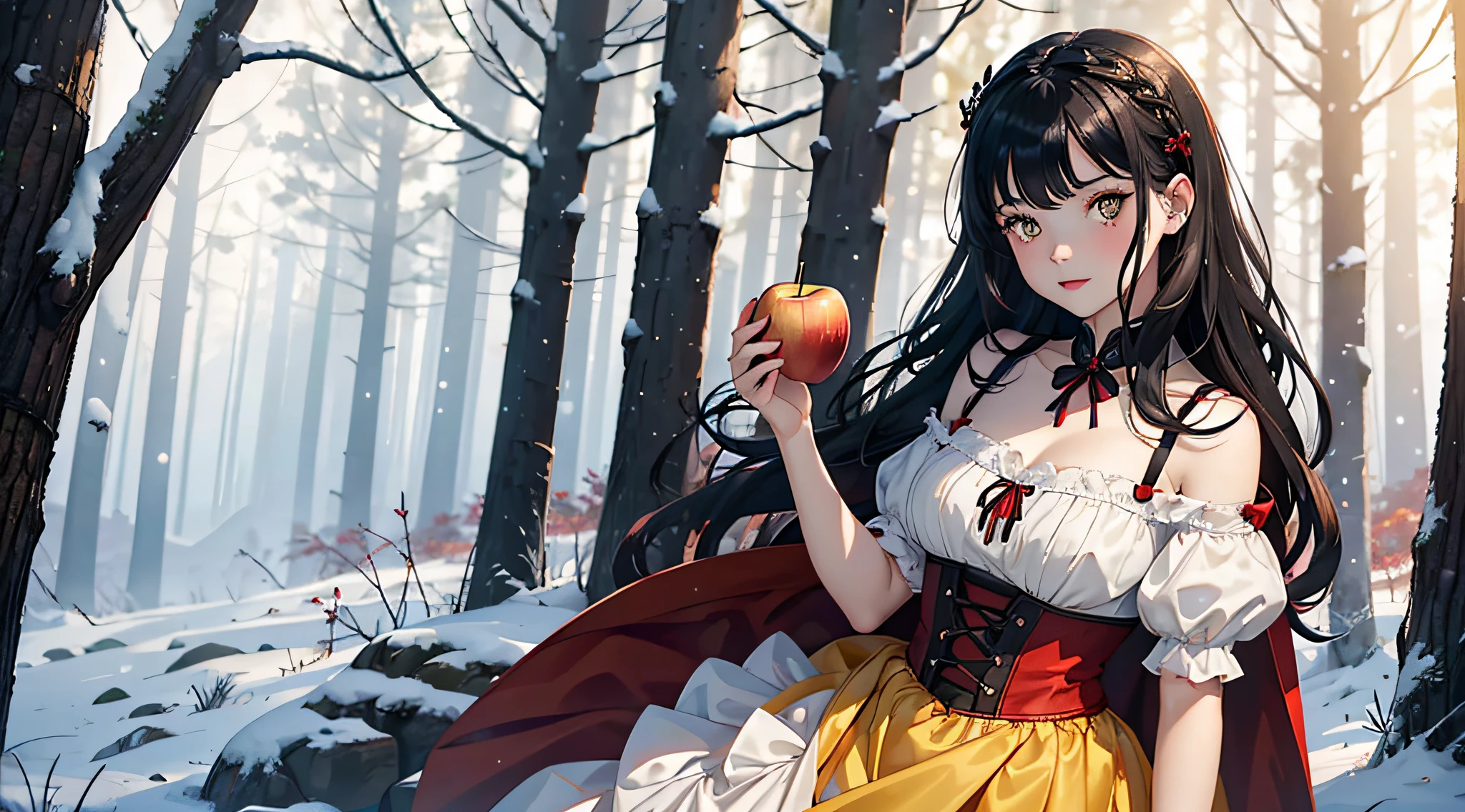 1 Girl in Picture, Snow White, 14 Jahre, Schwarze Haare, Rote Schleife im Haar, yellow White Dress, rote Wangen, rote Lippen Apfel, Apfel in Hand, Braune Augen, Niedlich, im Wald, liegend, sexy pose