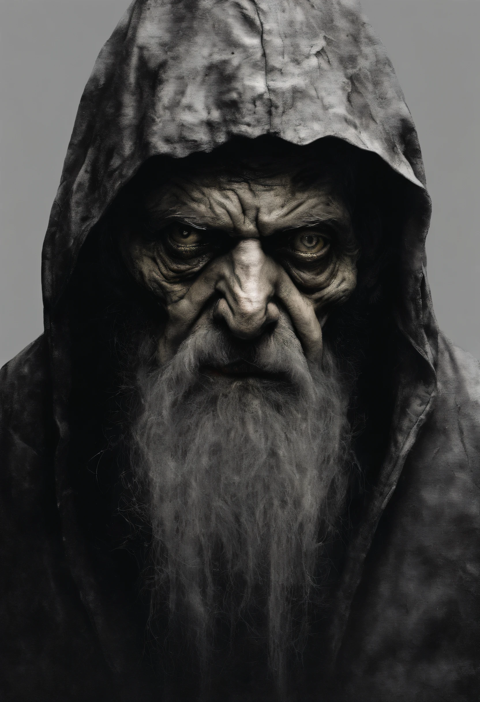 very old man, looks like a homeless person, Half of his face flayed, Angry look, cheveux gris long, Pale and wrinkled skin, pupilles jaunes, Stooped posture, Taille vers le haut, penetrating gaze, Long manteau noir, ripped clothing, manteau de plumes de corbeau sur le dos, Left side of body covered with bands and a hood, dent, station-service sombre, horreur, Peur, Effrayant, suspense, Mysterious