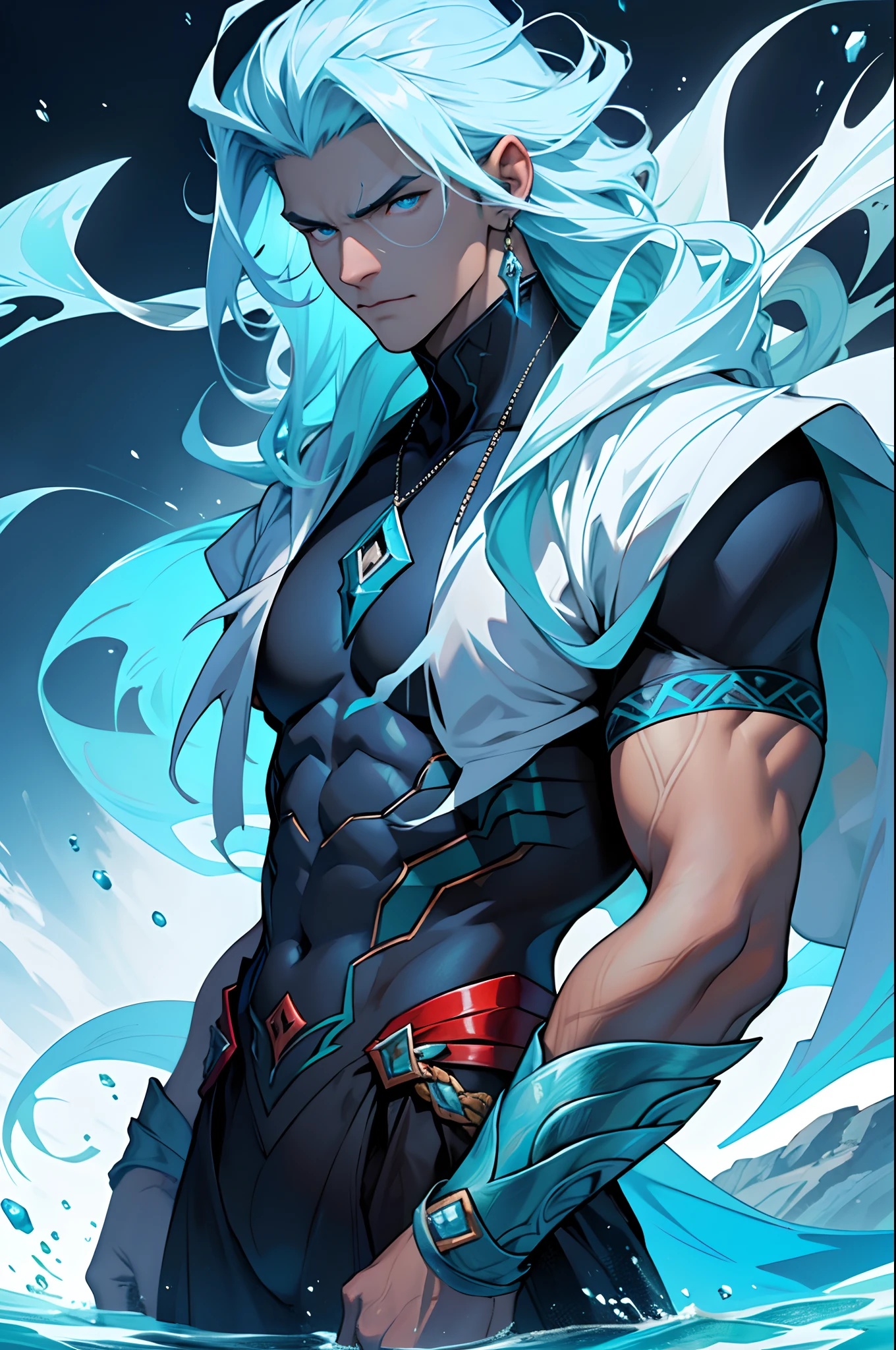 Tall, handsome, strong, muscular man with long hair tied in silver braids, wearing litmus lenses, a black lycra set with electric blue,big dark circles, red eyes and tattoos of a white shark on his arms