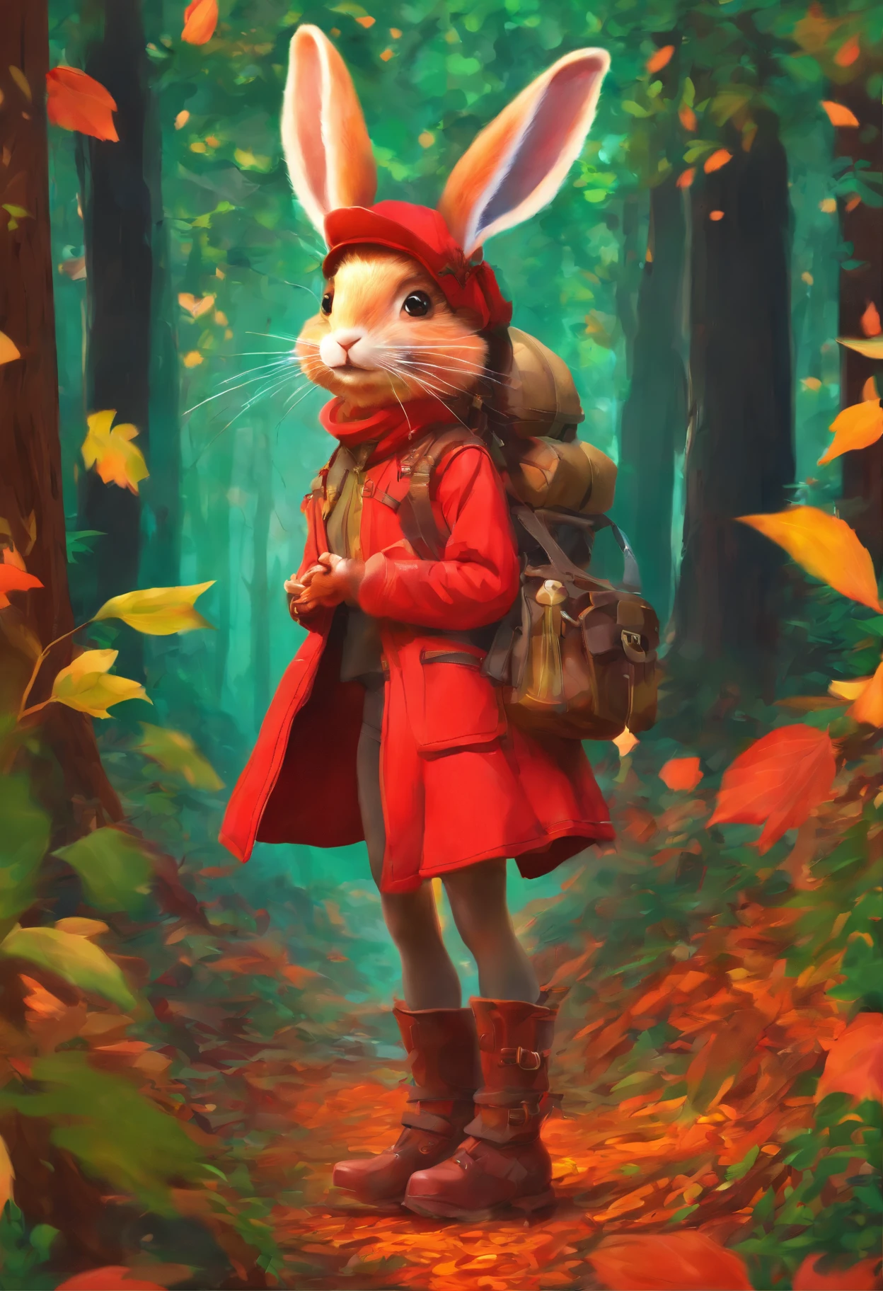 a 3D render (Photograph of an adventurous bunny sister standing on an autumn foliage trail), anthropomorphic turtle，full bodyesbian，rear view，Side view，hairy, Clear and beautiful face, Big green bright eyes, Binoculars hanging from her chest, Sister Bunny is wearing a green fashion adventure outfit, Red hiking boots on his feet, , cute ears, Red and green camping hats, fashionable sunglasses, Carry a green shoulder bag with you, trowels, camping equipment, A compass associated with many adventure tools, Curious to explore expressions, Cartoon, 4D, Fox,Cartoony， Background: Autumn Leaf Forest Trail Red Forest, autumn forest, red illuminating fog, In a red dream, really beautiful forest, Beautiful forest, Beautiful hazy wood, Red shade spray, Breathable and beautiful trees, breath-taking beautiful trees, red fog, beautiful forests and trees, Bright but dark red, red trees,concept art of character,Photography,Clear facial features,A beautiful painting by Alphonse Mucha,Pixar style,Cartoon style,beatrix potter （beatrix potter） 's illustration,Guyan artwork,Masterpiece,Matte painting,dreamlike realism,magic realism,Dreamlike,author：Owen Blumenfeld,petra collins,author：natalia drepina,Dreamy atmosphere,Whimsical atmosphere,Ethereal atmosphere,Romantic atmosphere,illusory engine,Quixel Megascans Render,v-ray,UE5,High detail,hyper qualit,high resolution,trending on artstationh,8K16K,hyper photorealism,Depth of field (degrees of freedom),cinema shot,Beautiful lighting, --AR 9:16 --style raw --uplight