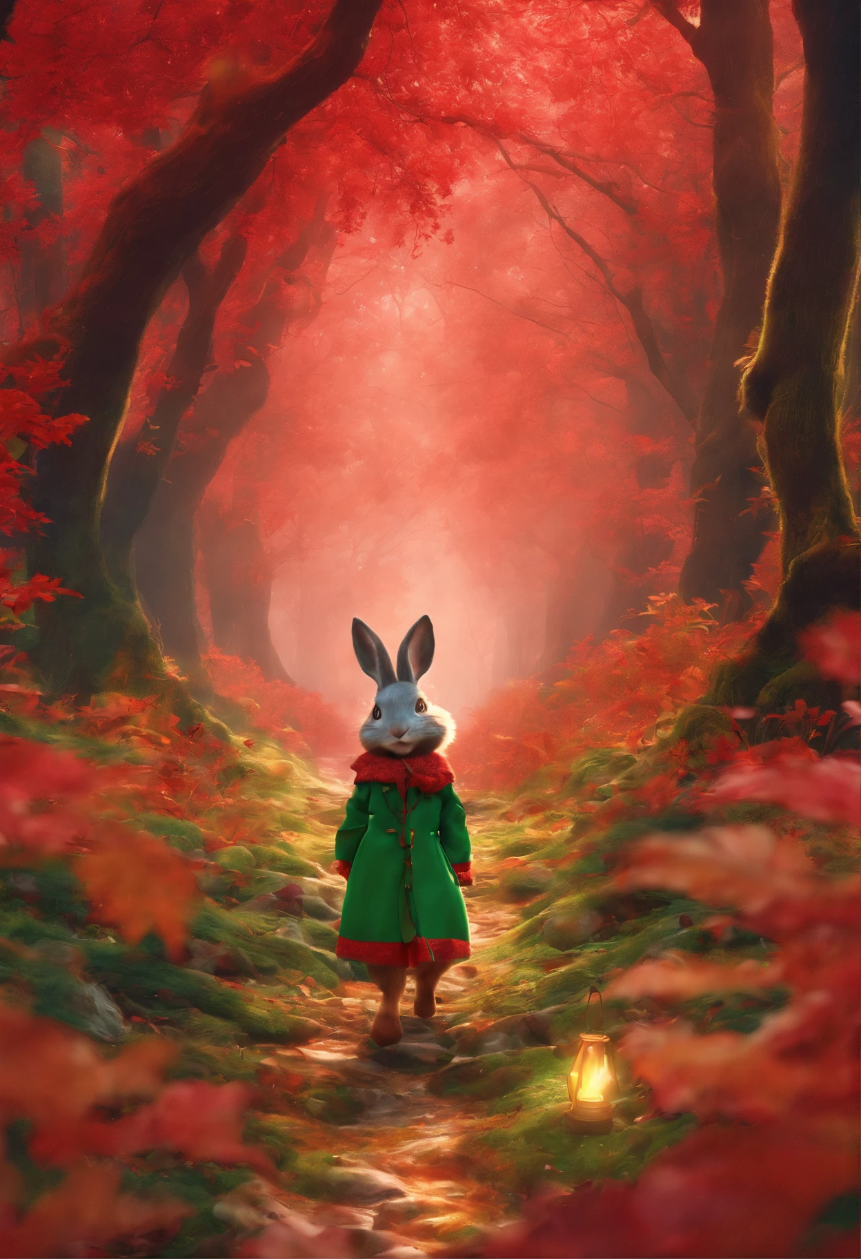 a 3D render (Photograph of an adventurous bunny sister standing on an autumn foliage trail), anthropomorphic turtle，full bodyesbian，rear view，Side view，hairy, Clear and beautiful face, Big green bright eyes, Binoculars hanging from her chest, Sister Bunny is wearing a green fashion adventure outfit, Red hiking boots on his feet, , cute ears, Red and green camping hats, fashionable sunglasses, Carry a green shoulder bag with you, trowels, camping equipment, A compass associated with many adventure tools, Curious to explore expressions, Cartoon, 4D, Fox,Cartoony， Background: Autumn Leaf Forest Trail Red Forest, autumn forest, red illuminating fog, In a red dream, really beautiful forest, Beautiful forest, Beautiful hazy wood, Red shade spray, Breathable and beautiful trees, breath-taking beautiful trees, red fog, beautiful forests and trees, Bright but dark red, red trees,concept art of character,Photography,Clear facial features,A beautiful painting by Alphonse Mucha,Pixar style,Cartoon style,beatrix potter （beatrix potter） 's illustration,Guyan artwork,Masterpiece,Matte painting,dreamlike realism,magic realism,Dreamlike,author：Owen Blumenfeld,petra collins,author：natalia drepina,Dreamy atmosphere,Whimsical atmosphere,Ethereal atmosphere,Romantic atmosphere,illusory engine,Quixel Megascans Render,v-ray,UE5,High detail,hyper qualit,high resolution,trending on artstationh,8K16K,hyper photorealism,Depth of field (degrees of freedom),cinema shot,Beautiful lighting, --AR 9:16 --style raw --uplight