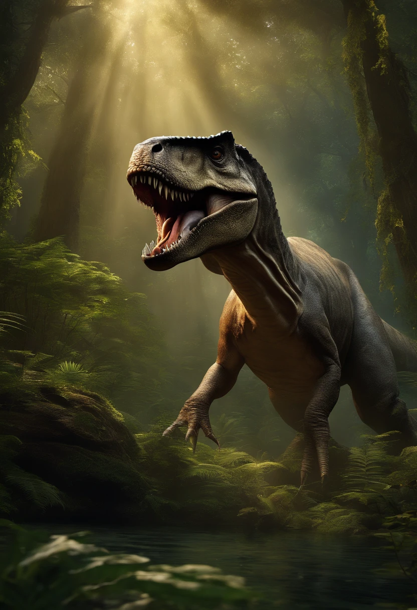 (Best quality,4K,A high resolution,Masterpiece:1.2),Ultra-detailed,(Realistic,Photorealistic,photo-realistic:1.37),Multiple prehistoric creatures,Beautiful natural landscape,（The background is a forest in the distance：1.5）,A wide variety of trees,Lively sky, A thriving forest,Endless ocean, tyrannosarus rex,tyrannosarus rex+Other small animals,glowworm,Warm color tones
