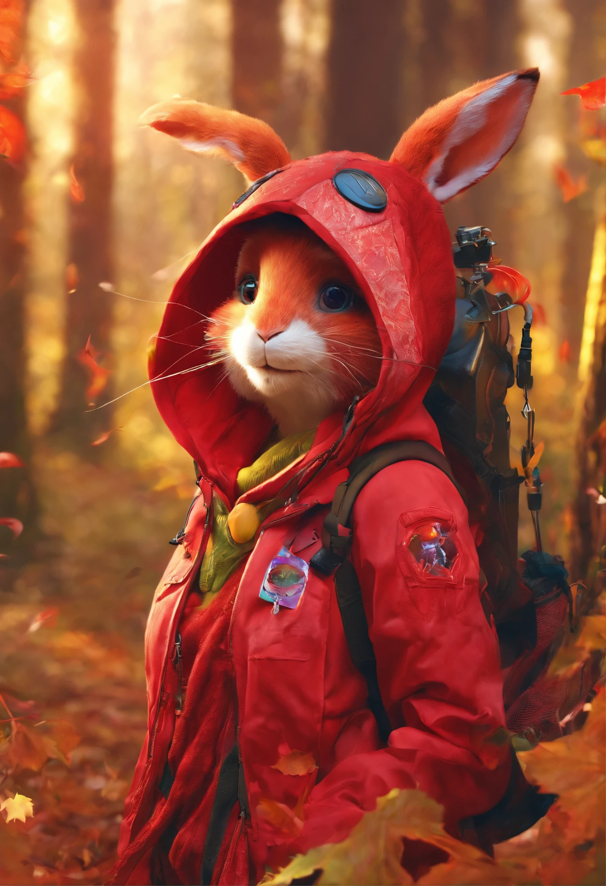 Jacket Up Rabbit A close up of a rabbit wearing a red jacket and a backpack - SeaArt AI