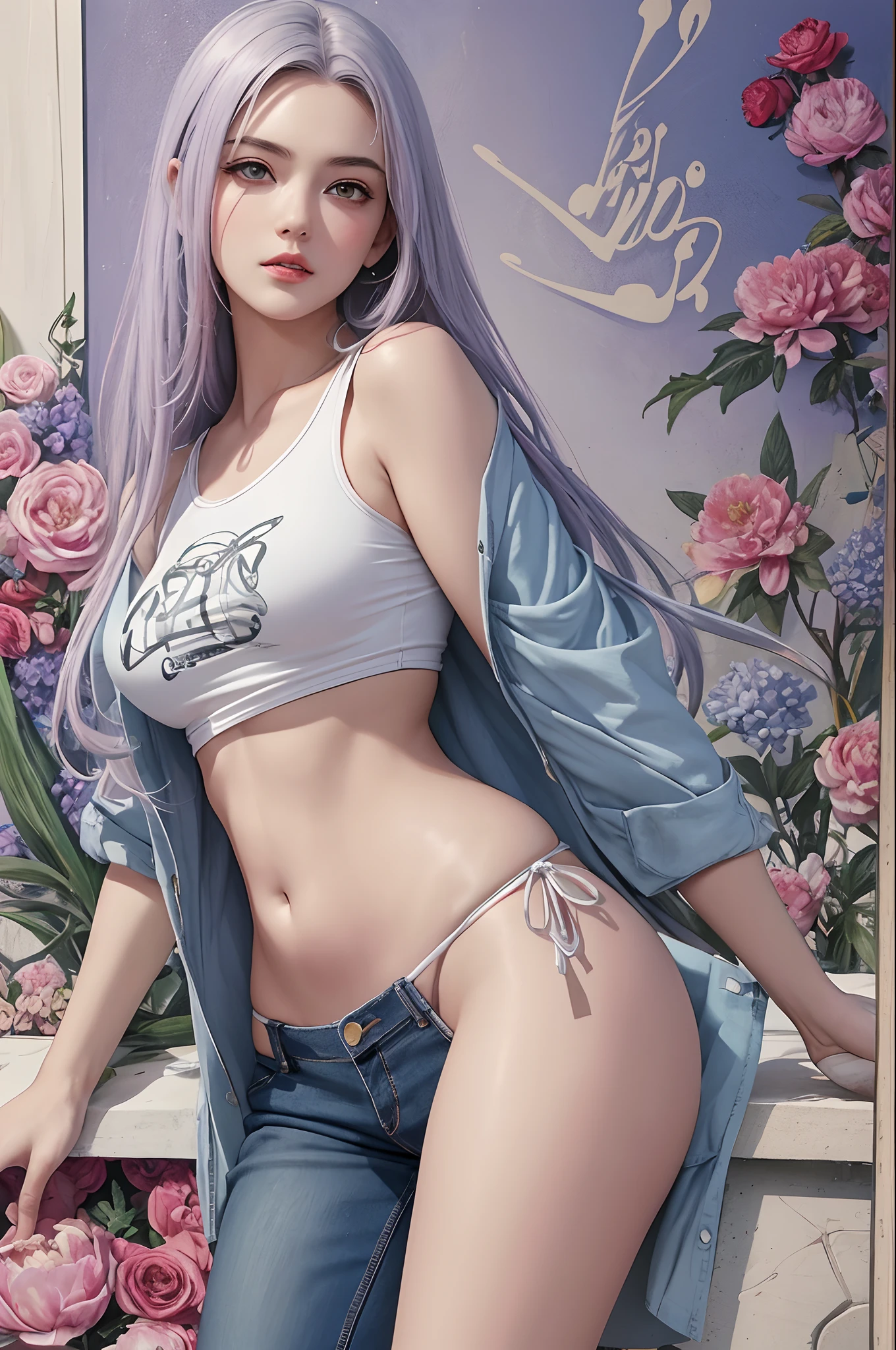 Background, mixed-language_SMS, Japanese letters in graffit, (beautiful and clear background:1.2),, fantastic paintings ,graffit style, olhos altamente detalhados , a white t-shir, cannabis print, Flowers, Peonies, Machi, marijuana tattoo, Loving, Eroquesis, bust, bikini of, steeply, stylishly, fashionably, ultra detailed hair, Masterpiece, Best Quality, hig quality, high-resolution, detail enhancement, ((most beautiful image in the world)), Masterpiece, Best Quality, hig quality, high-resolution, detail enhancement, ((most beautiful image ), light lavender hair, Mint hair, Shiny degraded hair, t-shirt stampa flores, wearing jeans,, art by stjepan sejic, art by j scott campbell, art by guillem march, art by citemer liu, 4k, High Resolution, comic book character, comic, high quality detailed, style of ::2.0 comix illustration style,tatoon style, hig quality, high-resolution, detail enhancement, 8K, HD, Best Quality, hig quality, high-resolution, detail enhancement, 8K, HDR, Sharp focus, Ultra Detailed, Perfect lighting, Curvy Body, Lush breasts, Curvy hips, Chic, big butt