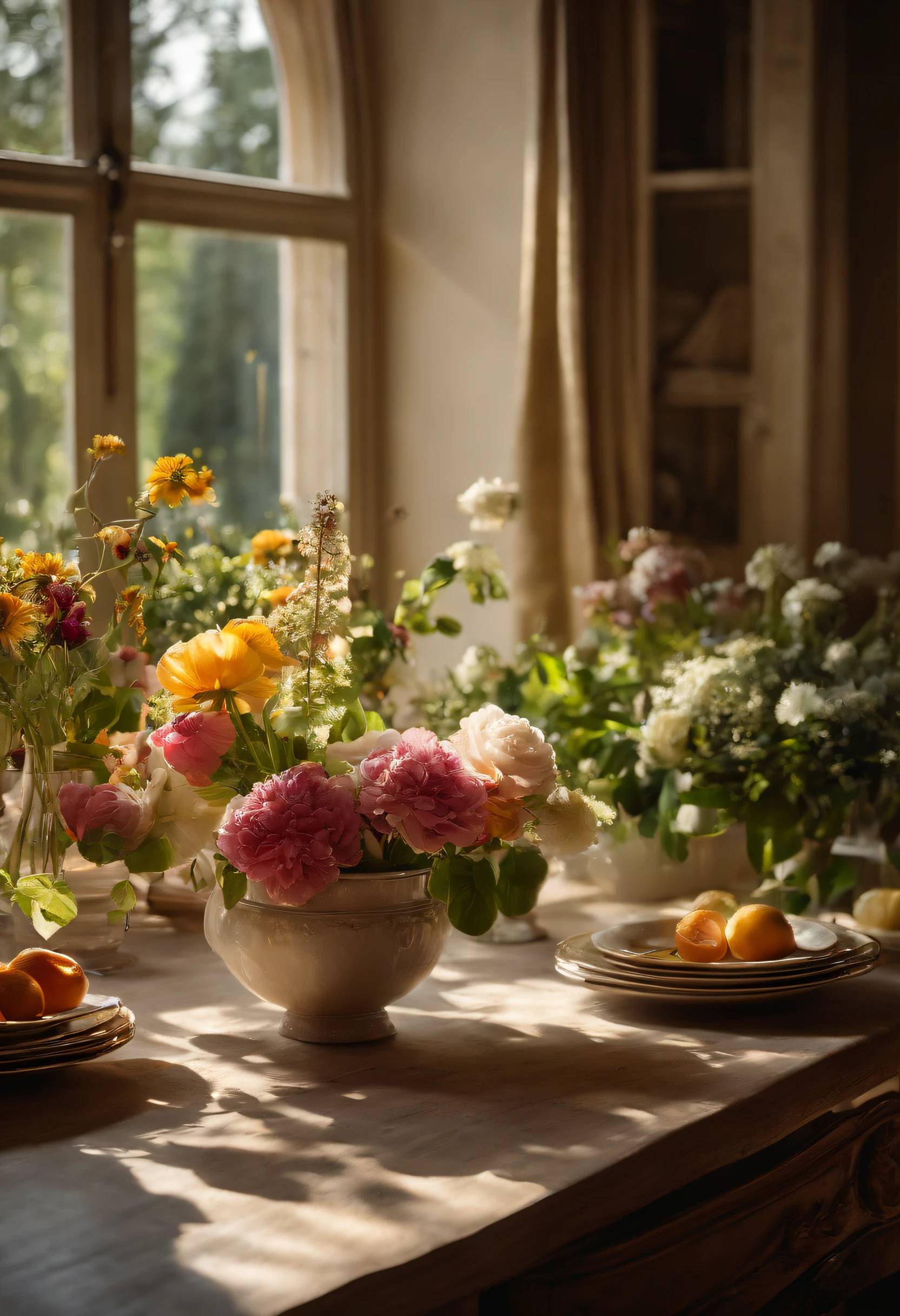 Close-up of a table，There is a vase of flowers on it, delightful surroundings, With French garden, Transparent，high key，house kitchen on a sunny day, Inside the French village, author：Wise, bright window lit kitchen, Architectural Digest, Home and Garden Magazine, Residence and garden, Architectural Digest Photos, summer morning light, with flowers and plants, Vignette digital sketch, dripping paint. Perfect color grading. Carel Appel and Jeremy Mann's influence, Many dramatic and threatening scenes, ultra - detailed, Beautiful, insanely details, Intricate details, editorial photography, shot with a 50mm lens, depth of fields, Tilt Blur, Shutter speed 1/1000, f/22. Lightmaps, Super bright
INFO