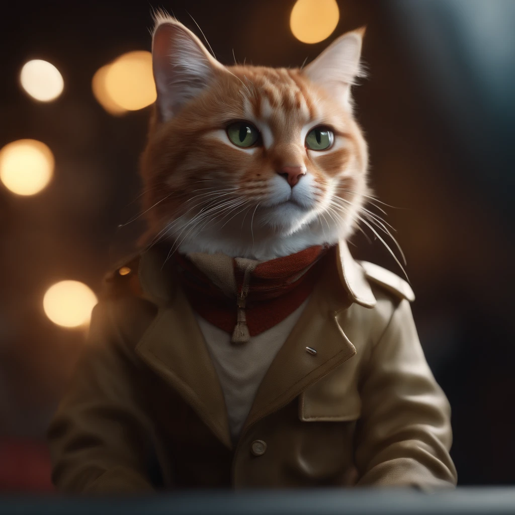 ((Best quality, 8K, Masterpiece: 1.4)),((Amazing detail: 1.3)),((illustration, Hairstyle Casual: 1.2)),((high resolution: 1.1)), A cute cat standing, headset on head, Tactical coat, Fashionab, Soft light, Colorful, Depth of field, Cinematic lighting, From below, Anatomically correct, Amazing art of painting, No Man