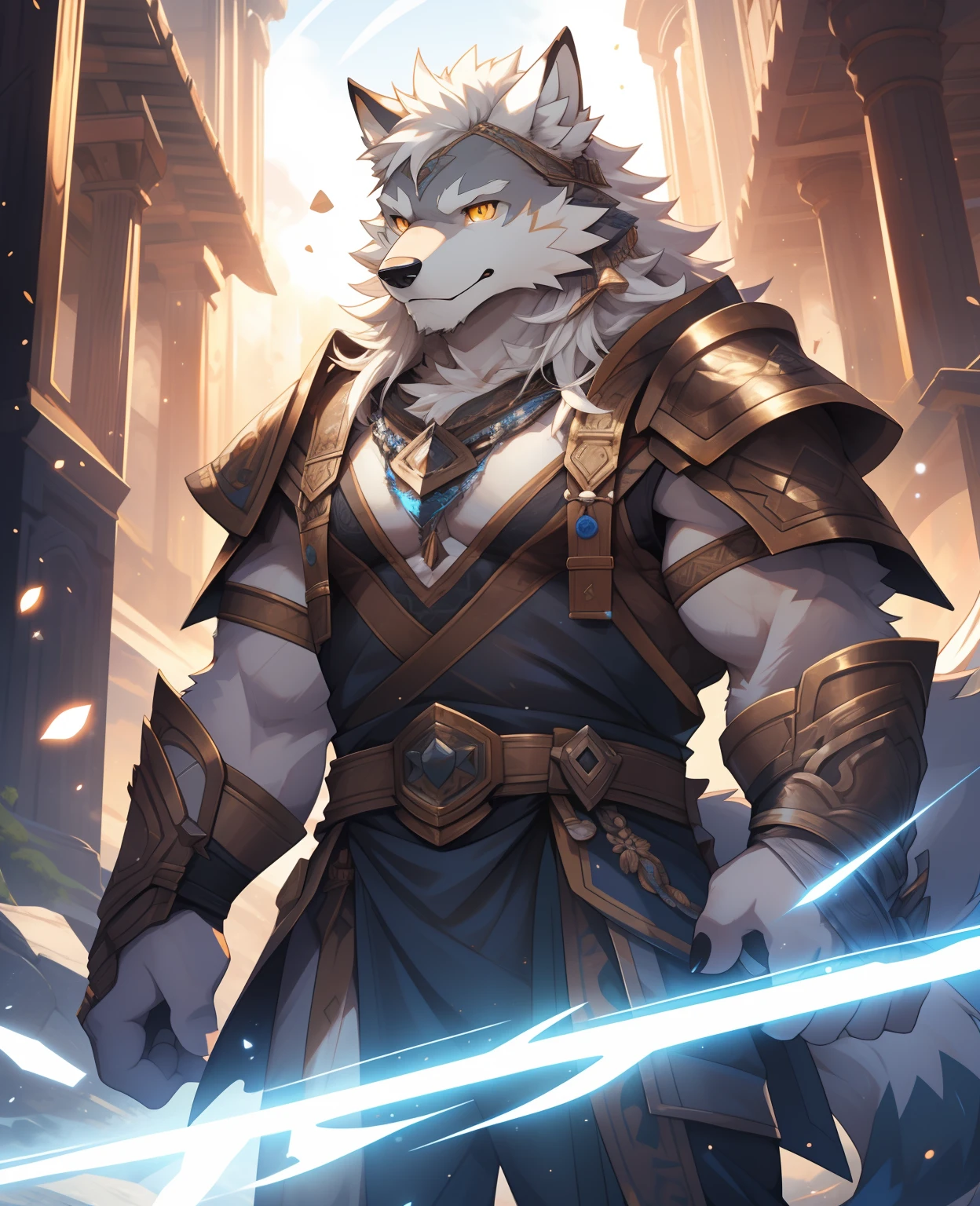 solo person，White body，White ears，White hair，Overall white，Orange-yellow eyes，Wolf tail，Wolf orcs，Young，Ultra-clear screen，Soft lines， Perfect lighting, Light particles,(Best quality),(Masterpiece),(Ultra detailed),Sharp focus,Light particles, Detailed background