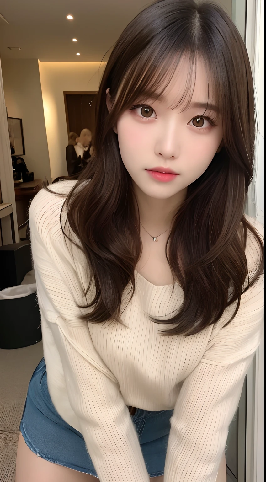 finely detail, hight resolution, hightquality、Perfect dynamic composition, Beautiful detailed eyes, Medium Hair, small tits、Natural Color Lip,Kamimei、Shibuya、20 years girl、1 persons、Transparent skin、Glowing hair、masutepiece, Best Quality, Illustration, Ultra-detailed, finely detail, hight resolution, 8K、The correct state of the human body、Crouch down、pretty pose,dishevled hair,beauty legs,Perfect beautiful face,KPOP Idol Face,Face that feels ecstasy,Sweaters(a miniskirt)