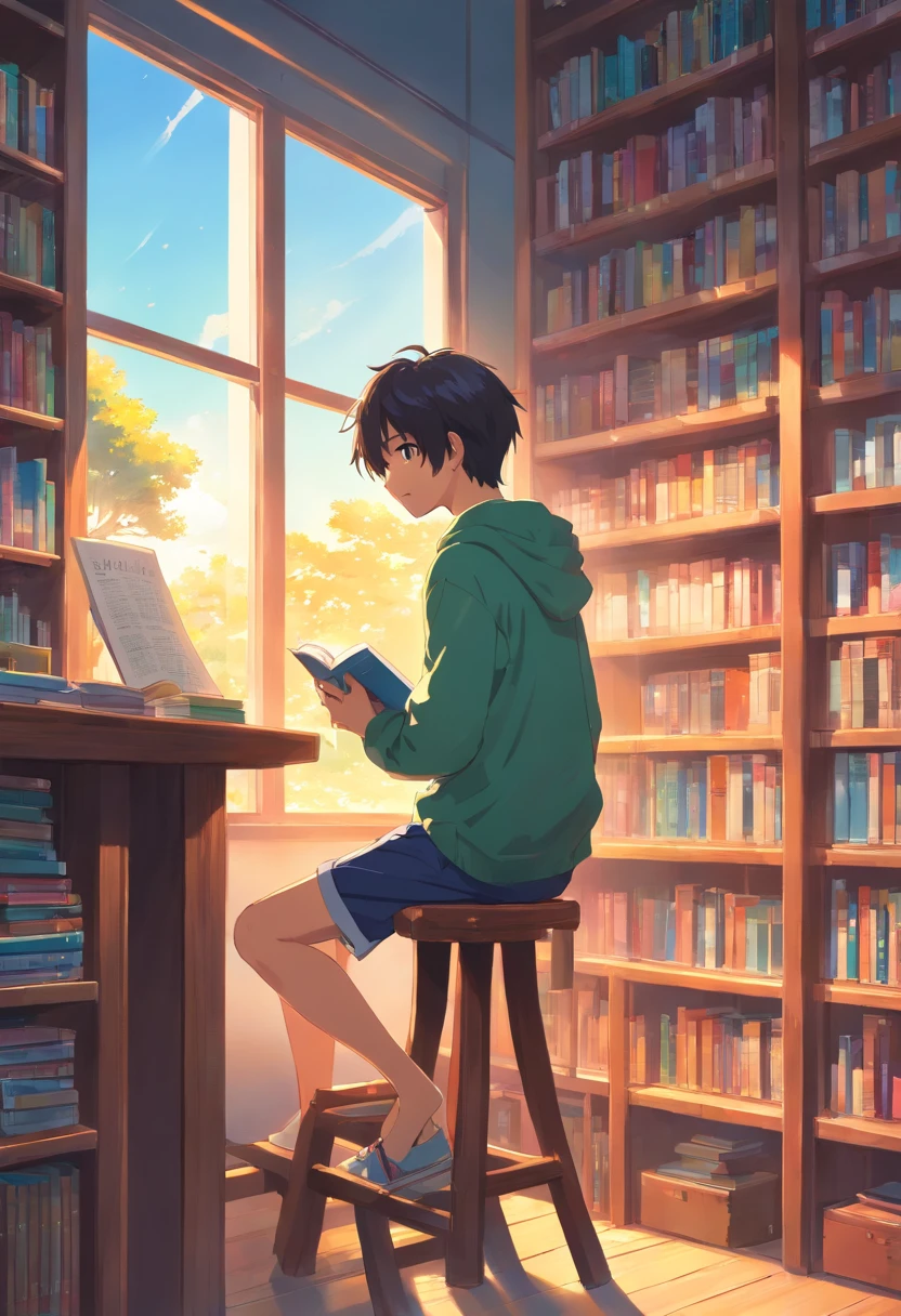 Best picture quality，high definition detail，A boy sits on a stool in front of a bookshelf reading a book，Around 20 years old，Bright smile，bright sun，White sunlight，Flat style，Bright colors，Colorful colors，Colored lead style