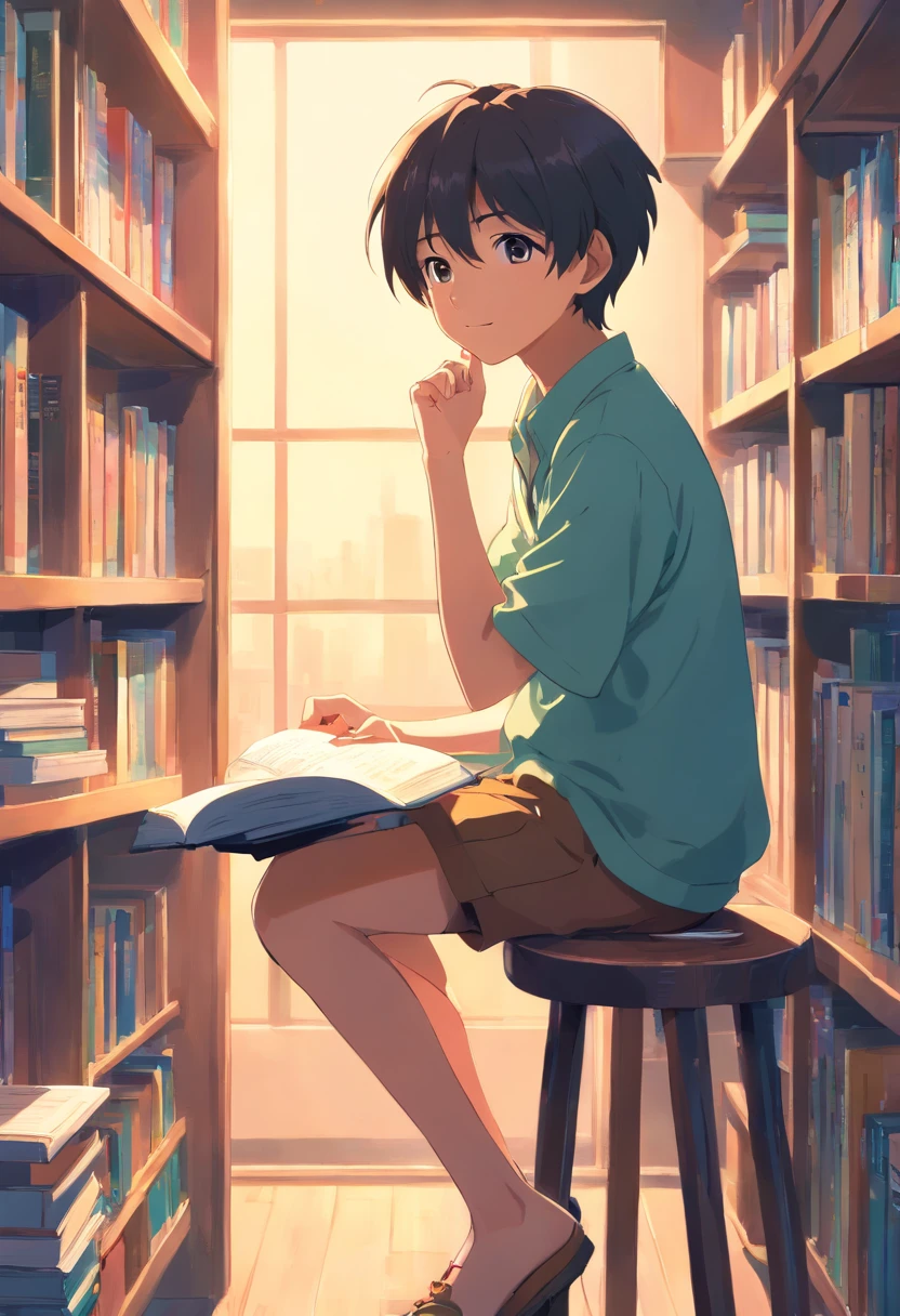 Best picture quality，high definition detail，A boy sits on a stool in front of a bookshelf reading a book，Around 20 years old，Bright smile，bright sun，White sunlight，Flat style，Bright colors，Colorful colors，Colored lead style