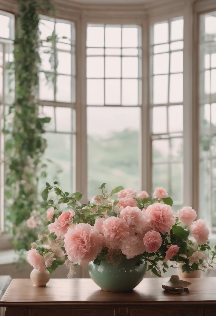 there is a vase of flowers on a table in front of a window, a digital rendering inspired by Kanō Tan'yū, unsplash, romanticism, japanese flower arrangements, with flowers and plants, with soft pink colors, i dream of a vase flowers, pink flowers, lush flora, lush plants flowers, draped in fleshy green and pink