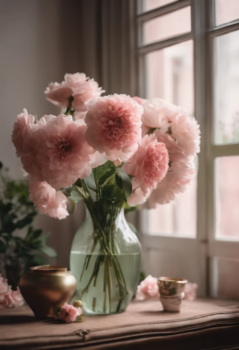 there is a vase of flowers on a table in front of a window, a digital rendering inspired by Kanō Tan'yū, unsplash, romanticism, japanese flower arrangements, with flowers and plants, with soft pink colors, i dream of a vase flowers, pink flowers, lush flora, lush plants flowers, draped in fleshy green and pink