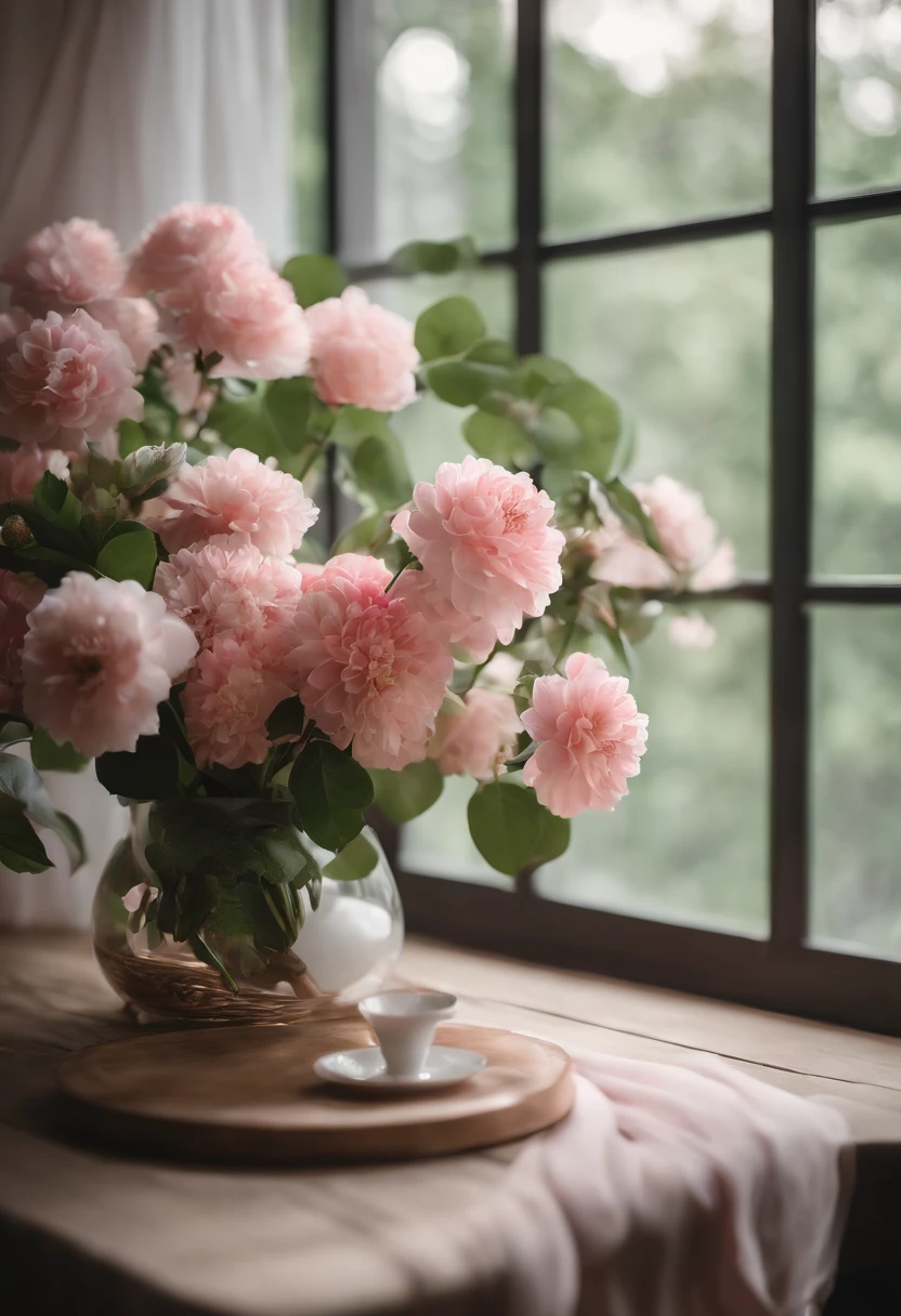 there is a vase of flowers on a table in front of a window, a digital rendering inspired by Kanō Tan'yū, unsplash, romanticism, japanese flower arrangements, with flowers and plants, with soft pink colors, i dream of a vase flowers, pink flowers, lush flora, lush plants flowers, draped in fleshy green and pink