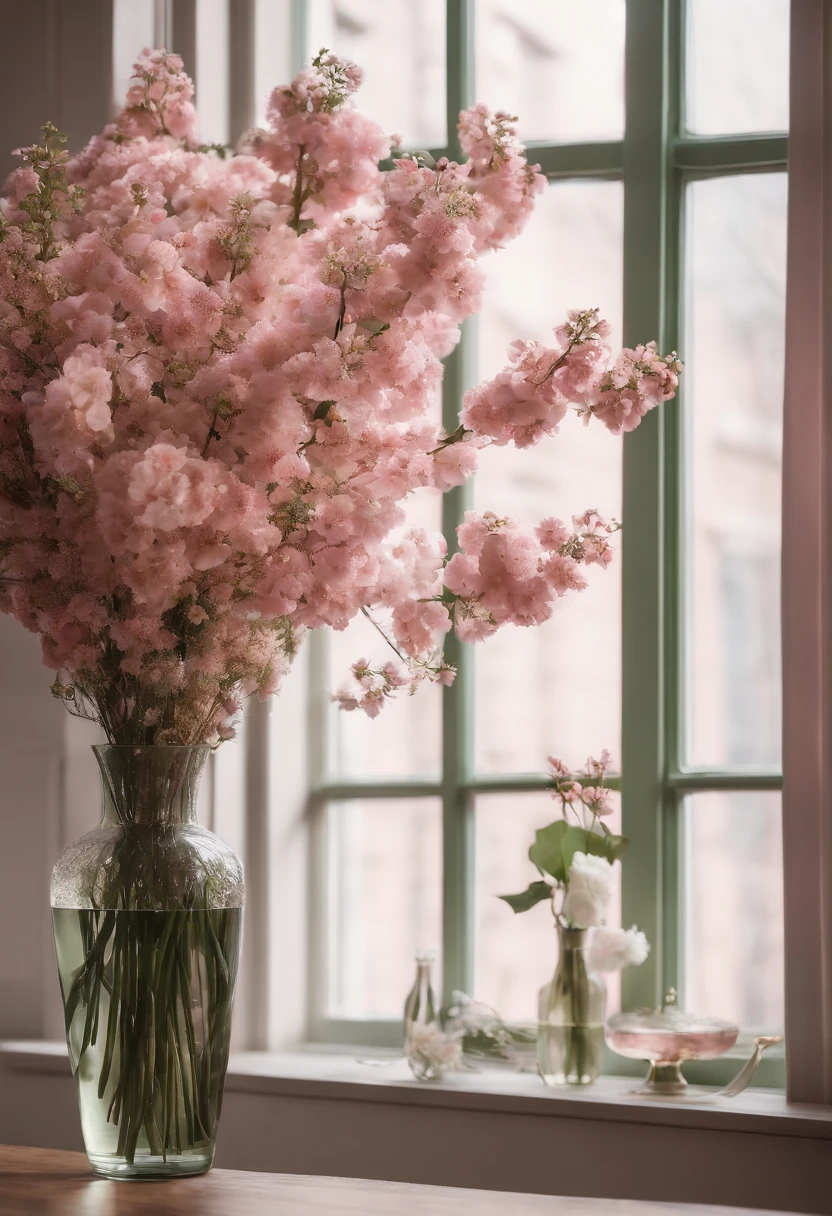 there is a vase of flowers on a table in front of a window, a digital rendering inspired by Kanō Tan'yū, unsplash, romanticism, japanese flower arrangements, with flowers and plants, with soft pink colors, i dream of a vase flowers, pink flowers, lush flora, lush plants flowers, draped in fleshy green and pink