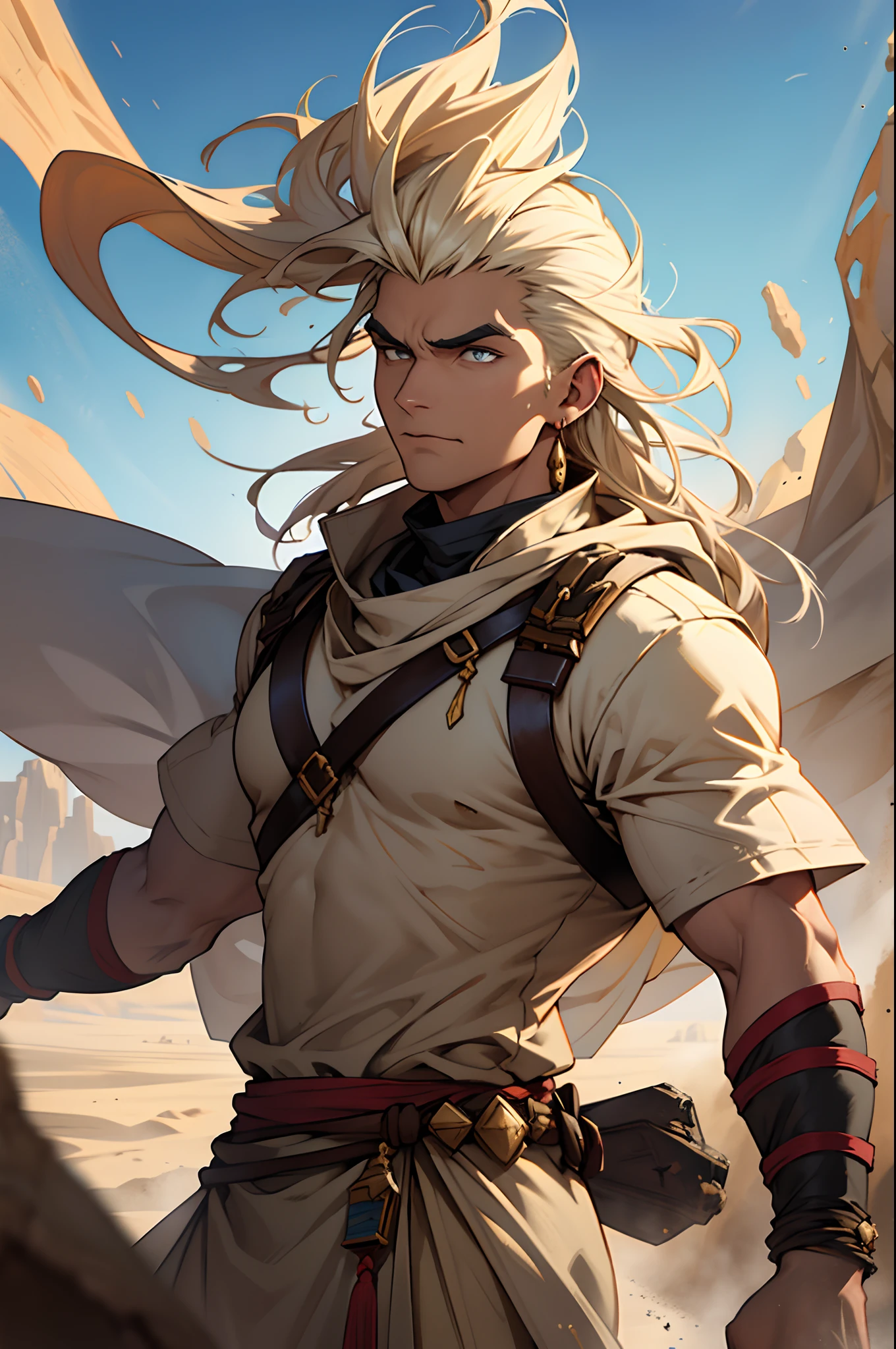Arkanis is a commanding and powerful man, born of desert winds and swirling sands. He carries the ancient secrets of arid wilderness, and his presence invokes the intensity of a desert sandstorm.