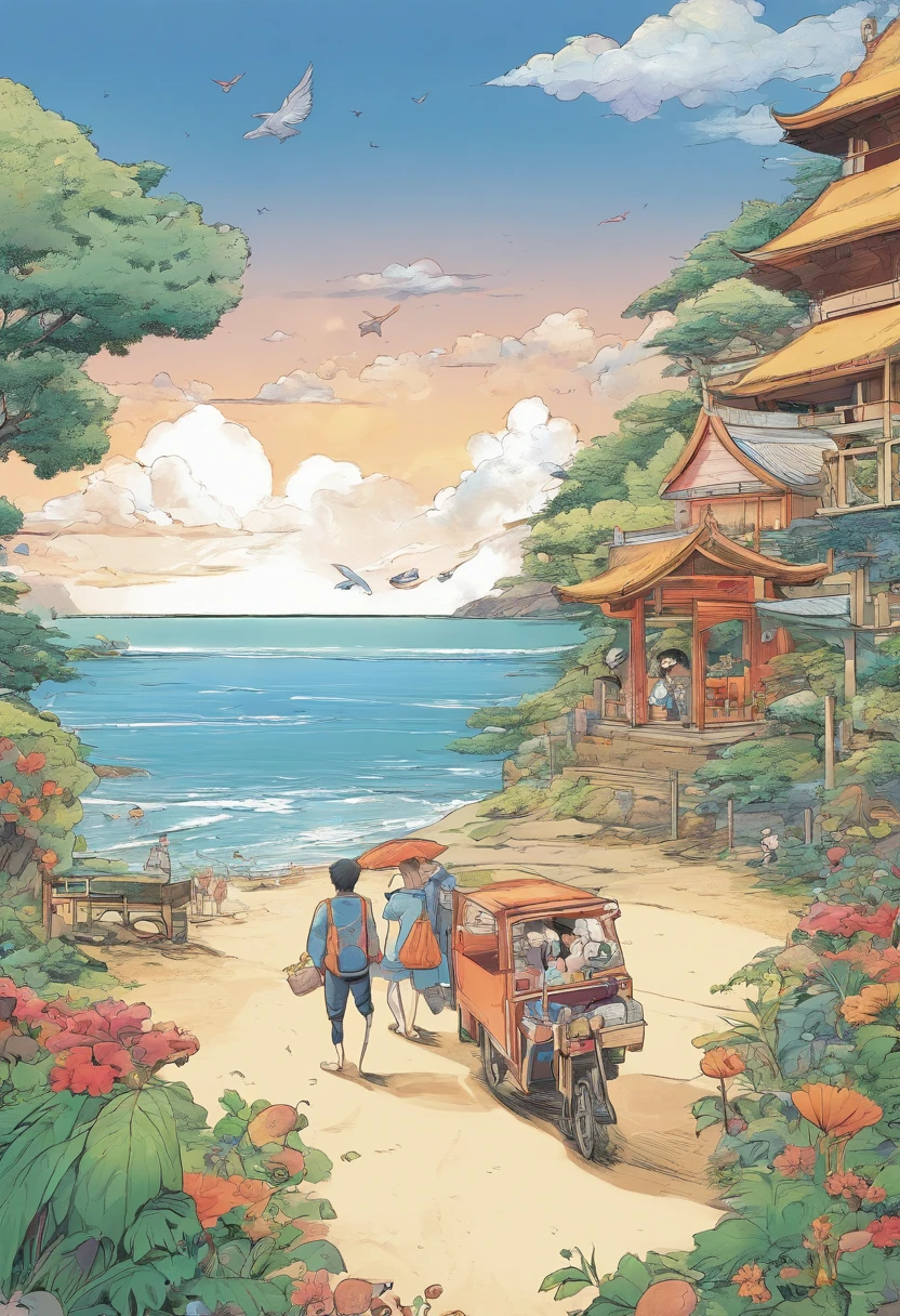 Japanese manga with anthropomorphic animals going to a beach