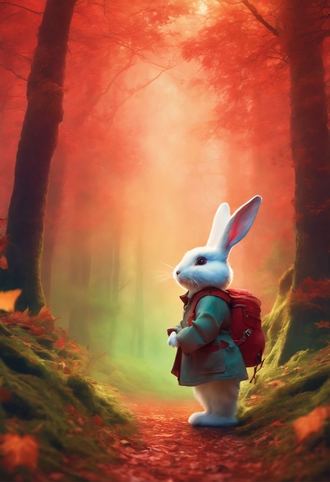 (A photo of an adventurous little white rabbit sister standing on a path of autumn leaves), anthropomorphic turtle，full bodyesbian，Rear view，hairy, Clear and beautiful face, Big green bright eyes, Binoculars hanging from her chest, Sister Bunny wears a green fashion adventure suit, Red hiking boots on his feet, , cute ears, Red and green camping hats, fashionable sunglasses, Carry a green shoulder bag with you, trowels, camping equipment, A compass associated with many adventure tools, Curious to explore expressions, Cartoon, 4D, Fox,Cartoony， Background: Autumn Leaf Forest Trail Red Forest, autumn forest, red illuminating fog, In a red dream, really beautiful forest, Beautiful forest, Beautiful hazy wood, Red shade spray, Breathable and beautiful trees, breath-taking beautiful trees, red fog, beautiful forests and trees, Bright but dark red, red trees,
a 3D render，concept art of character,Photography,Clear facial features,A beautiful painting by Alphonse Mucha,Pixar style,Cartoon style,beatrix potter （beatrix potter） 's illustration,Furuhiko's work,Masterpiece,Matte painting,dreamlike realism,magic realism,Dreamlike,author：Owen Blumenfeld,petra collins,author：natalia drepina,Dreamy atmosphere,Whimsical atmosphere,Ethereal atmosphere,Romantic atmosphere,illusory engine,Quixel Megascans Render,v-ray,UE5,High detail,hyper qualit,high resolution,trending on artstationh,8K16K,hyper photorealism,Faraway view， (degrees of freedom),cinema shot,Beautiful lighting, --AR 9:16 --style raw --uplight