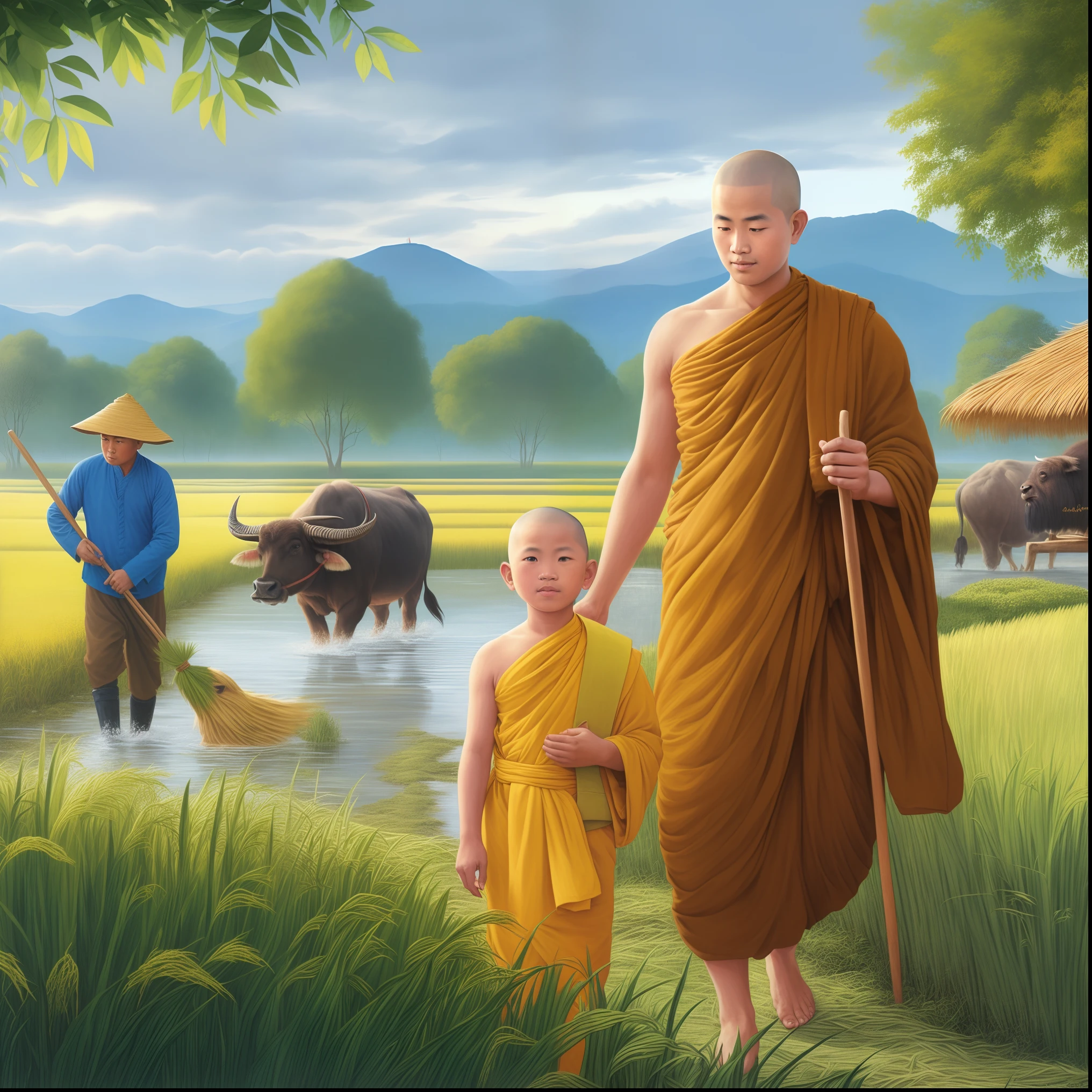 arafed monk and a in a field with a buffalo, buddhist, buddhism, buddhist monk, monks, 2 1 st century monk, monk clothes, monk, portrait of monk, samsara, thailand art, on path to enlightenment, buddhist art, by John La Gatta, on the path to enlightenment, concept art of a monk, by Ma Quan